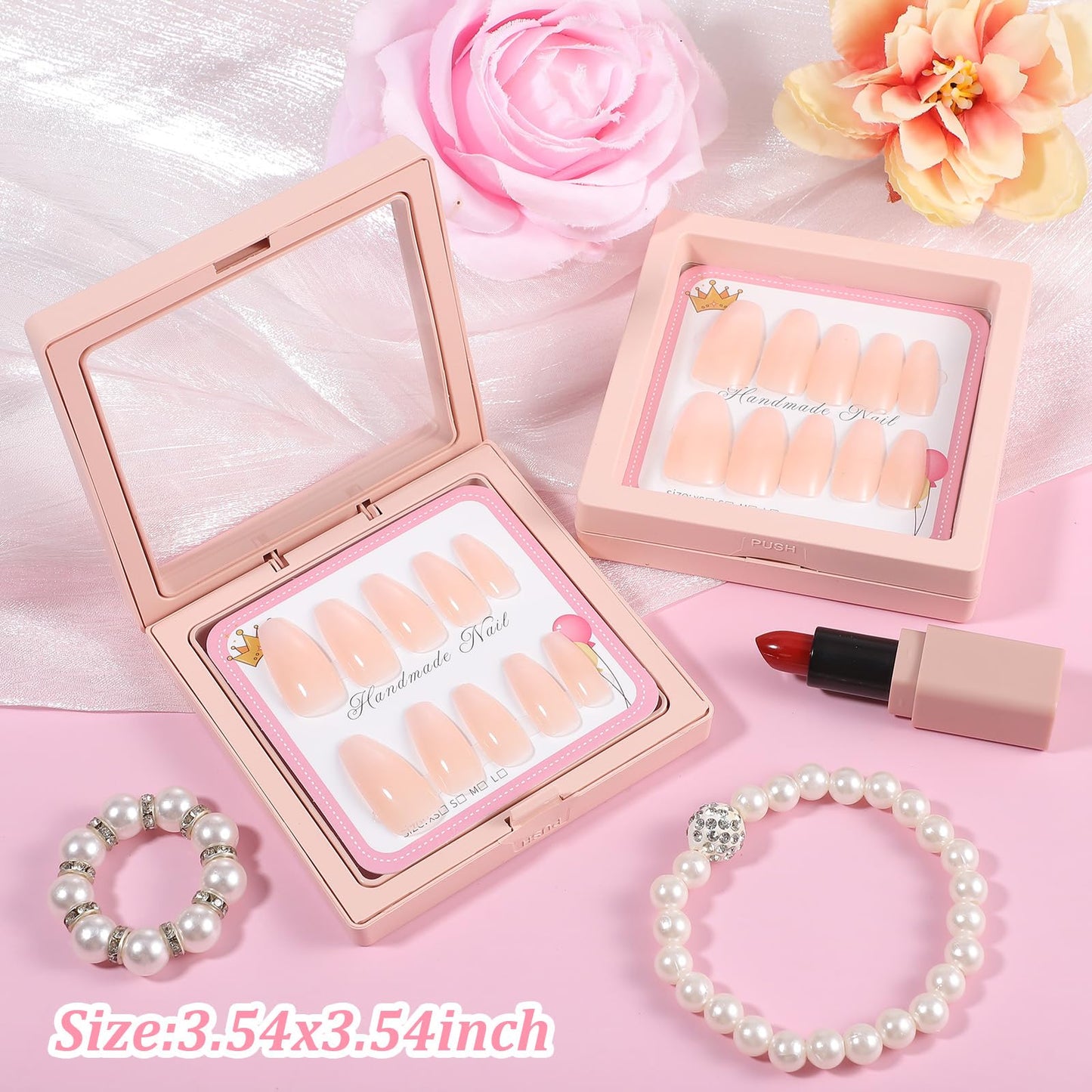 30 Sets Nail Packaging for Press Ons, Clear Acrylic Nail Kit Display Boxes with Cards and Tape, Nail Boxes for Press Ons Storage Organizer, Turban for Men Not Included (Pink)