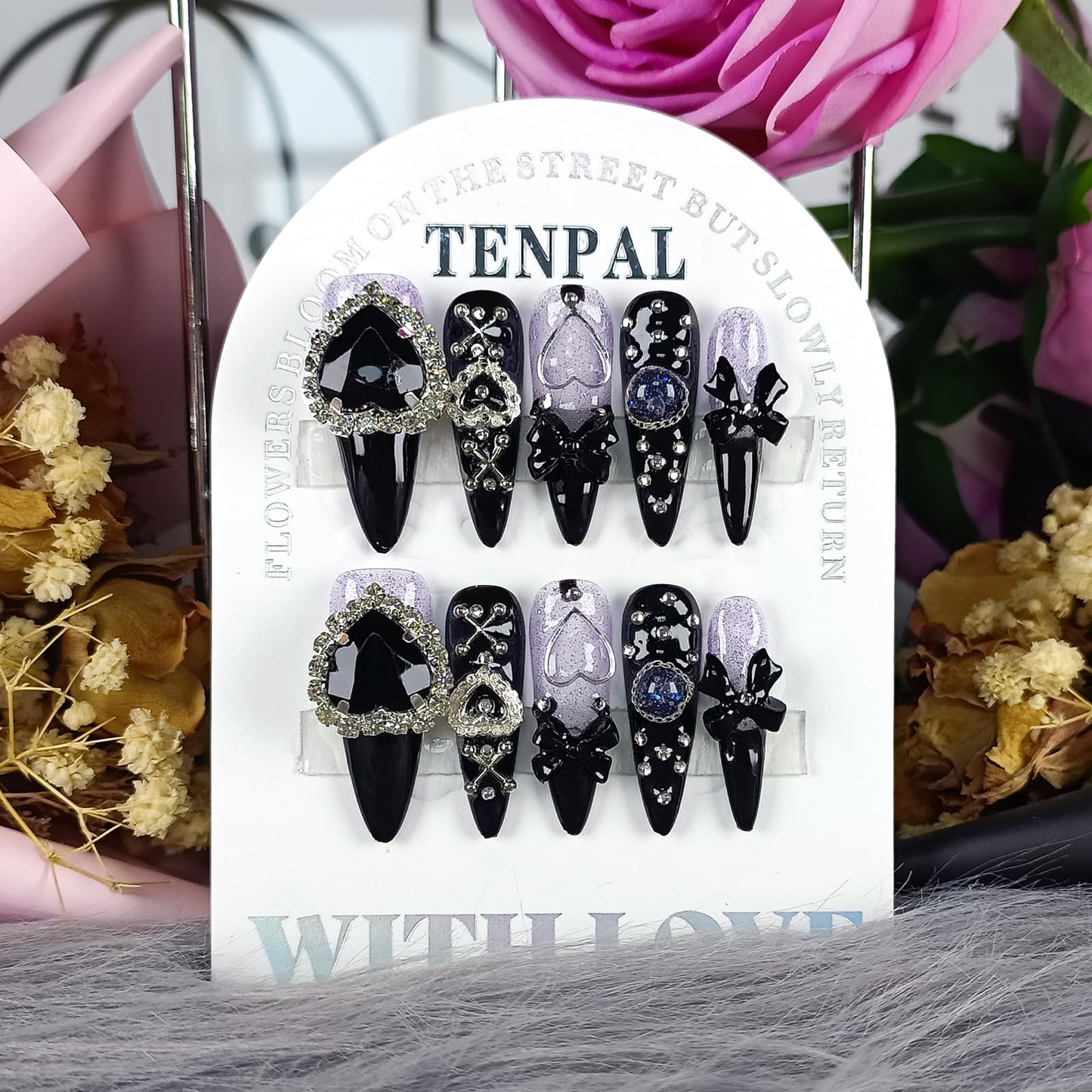 TENPAL Glam Punk Press on Nails Stiletto Almond Long,3D Heart Rhinestones&Metal Chains Designs,Black Glitter Purple Chrome Nails with Full Cover Micro Gems,Y2K Edgy Girly Streetwear Nails,10pcs XS