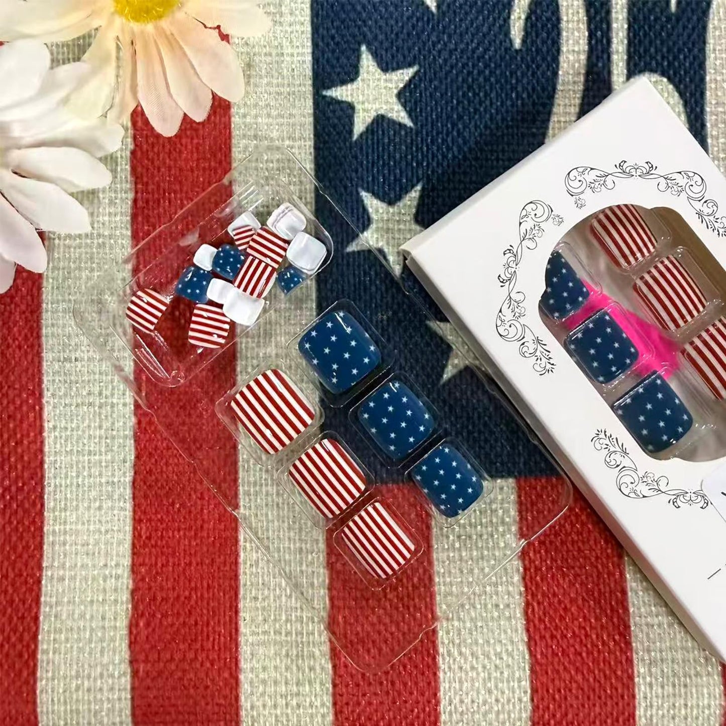 4th of July Press on Toenails Short Square Fake Toe Nails Independence Day False Toenails with Star Stripe Design Patriotic Toenail Press ons Glossy Acrylic Stick on Toes for Women 24Pcs