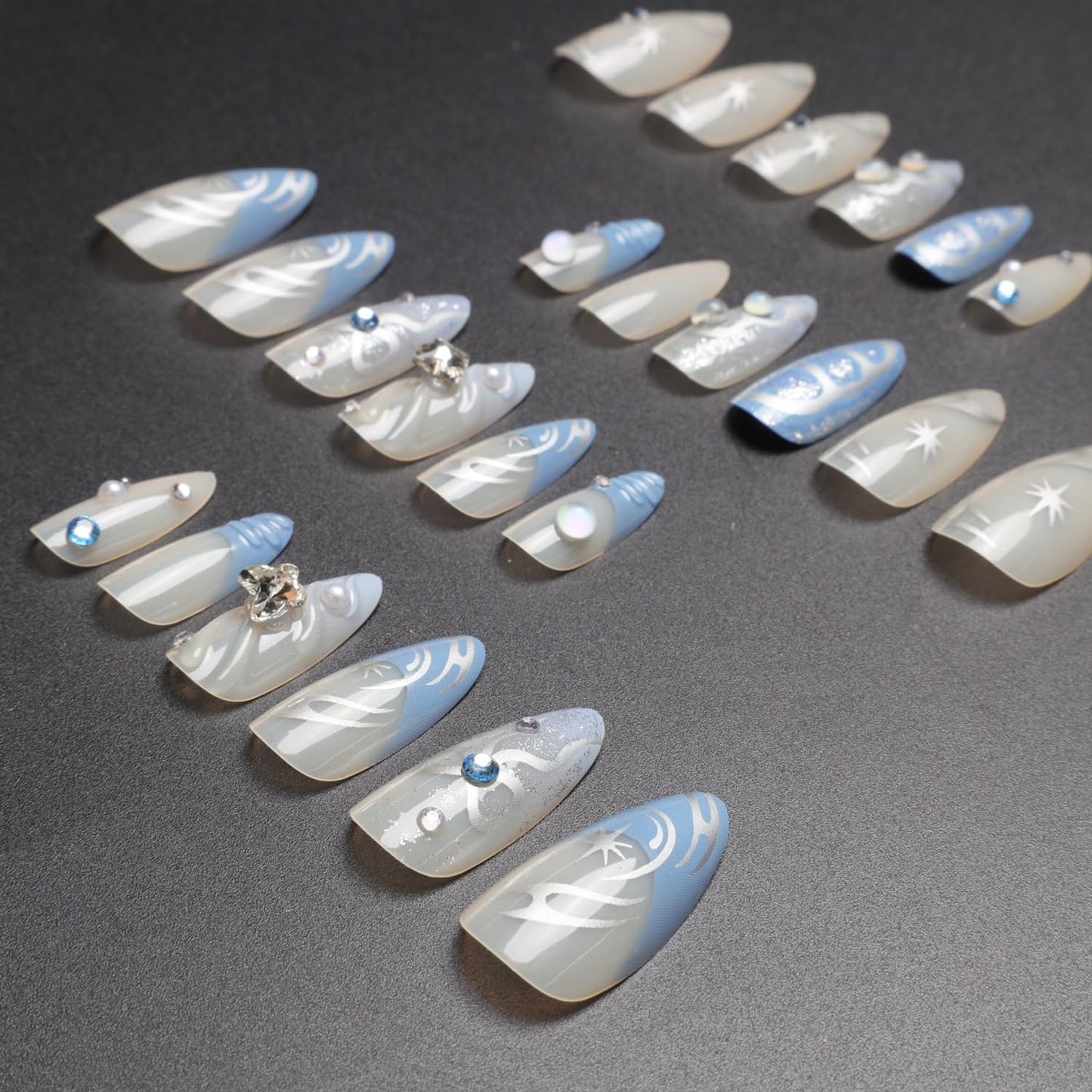 Blue Gradient Press on Nails Medium Almond Fake Nails with 3D Rhinestones Design Charms Nails French Tip Press on Almond Shape Cute Sliver Star Stick on Nails False Nails for Women Daily Wear 24Pcs