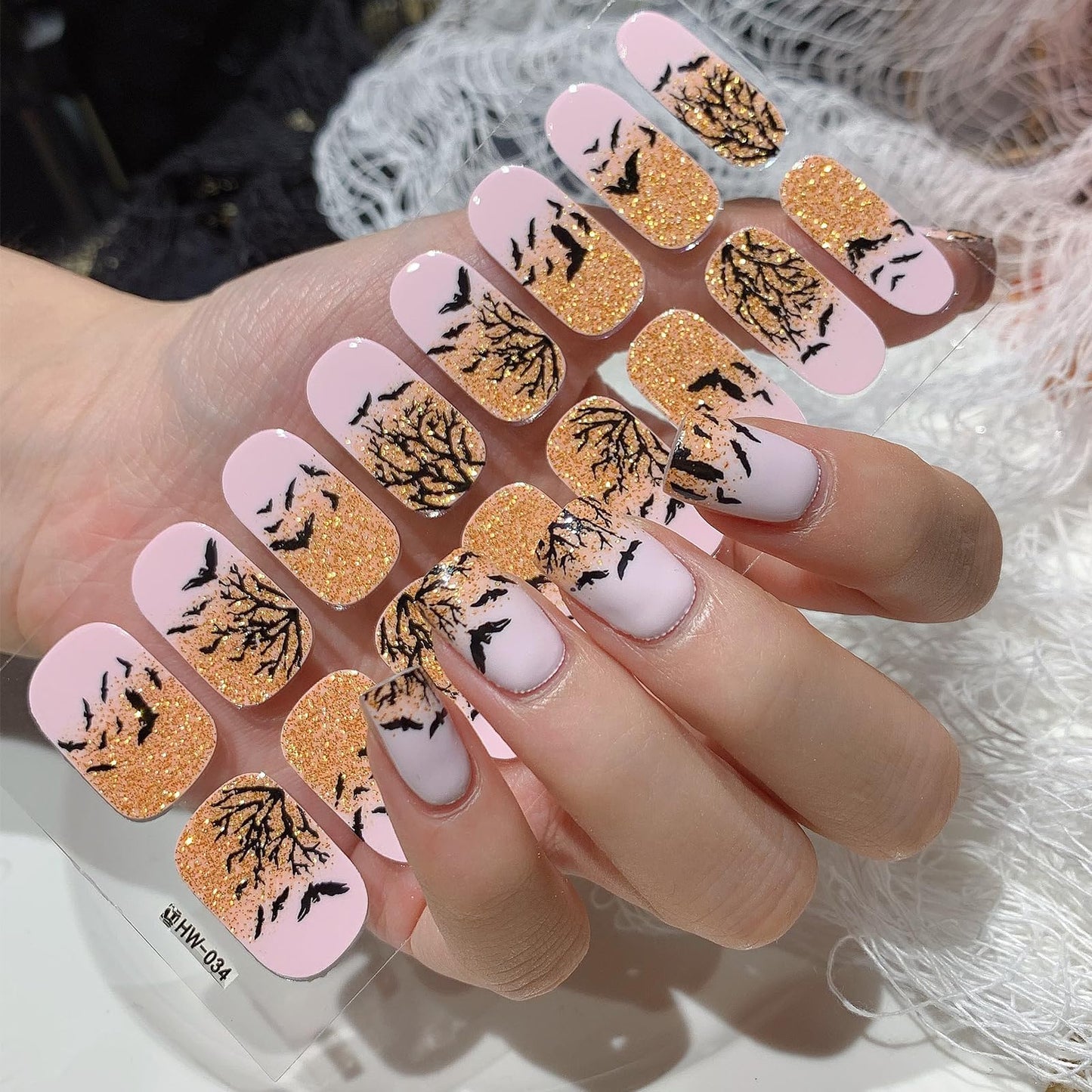 6 Sheets Halloween Nail Stickers Self-Adhesive with Glitter Pumpkin Bat False Nails Spider Skull Pattern Halloween Nail Stickers Women Girls Nail Art Decoration