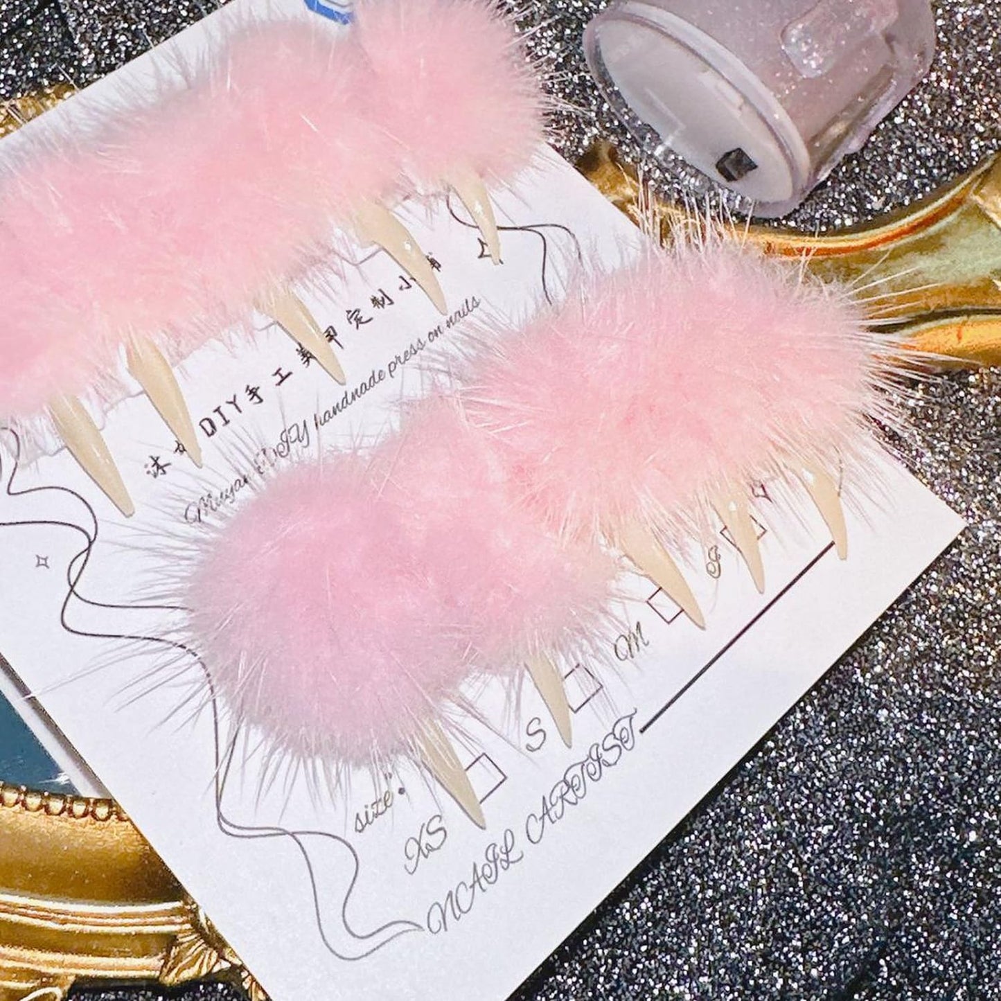 Halloween Press on Nails Luxury Medium Stiletto Handmade Eagle Claw Unique Reusable ABS Material Curved Fake Nails Dragon Cat Claw False Nails with Pink Fur Glossy Glue on Nail Thick Acrylic Nail(M)