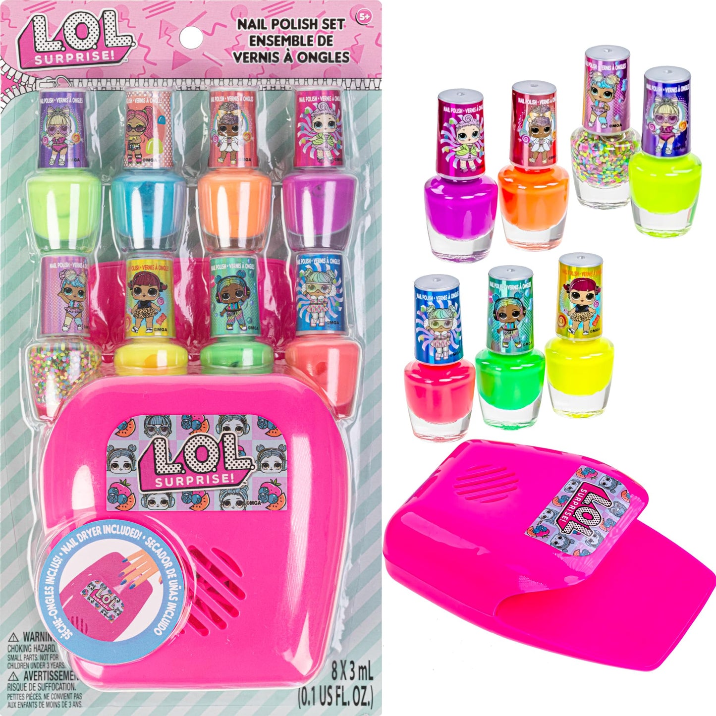 L.O.L Surprise! 8 pc Non Toxic Nail Polish Set for Kids with Nail Dryer | Peelable Nail Varnish Kit for Ages 3+ by Townley Girl