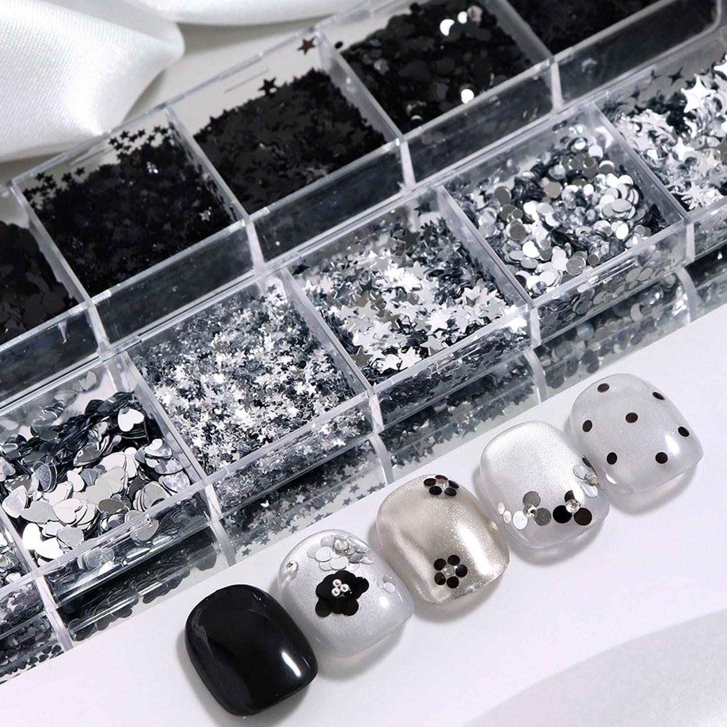 12Grids Silver Black Mini Mixed Nail Art Glitter Kit - Sparkle Heart Star Round Nail Glitters Sequins 3D Holographic Silver Nail Flake Y2K Shiny Nail Supplies Acrylic Nails Tips Accessories for Women