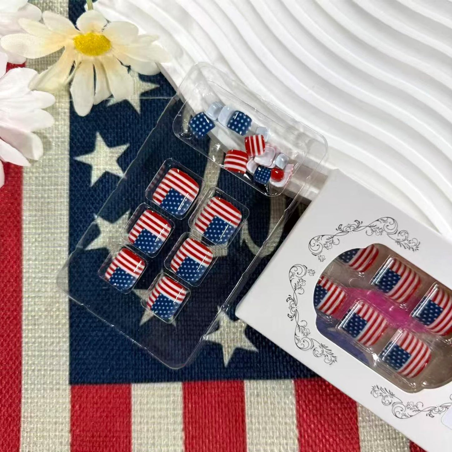 4th of July Press on Toenails Short Square Toe Nail Press ons Glossy Fake Toe Nails with American Flag Design Patriotic Toe Press on Nails Acrylic Stick on Toenails for Women 24Pcs