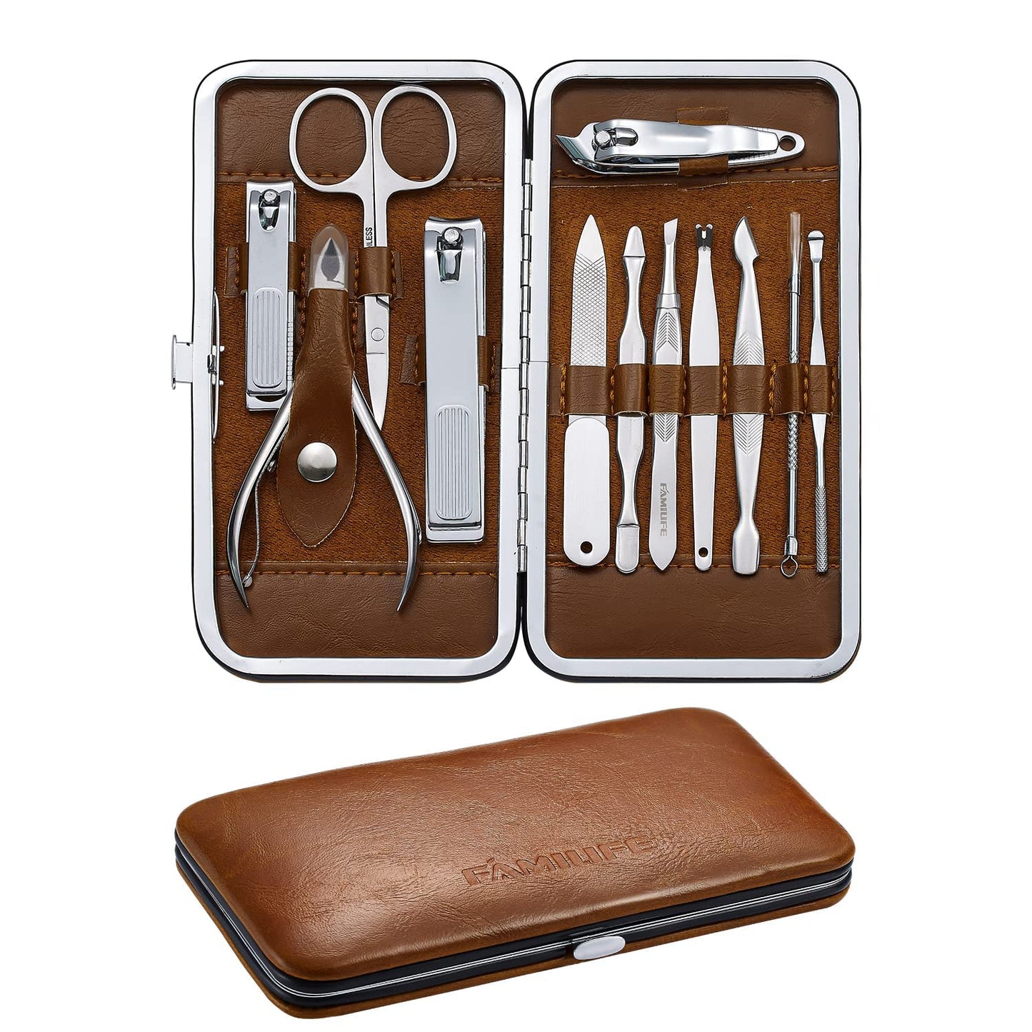 FAMILIFE F06 Manicure Set, 13pcs Pedicure Kit Rose Gold Nail Clipper Set Professional Manicure Kit and 12 Pieces Grooming Kit with Luxurious Leather Travel Case (D-Brown)