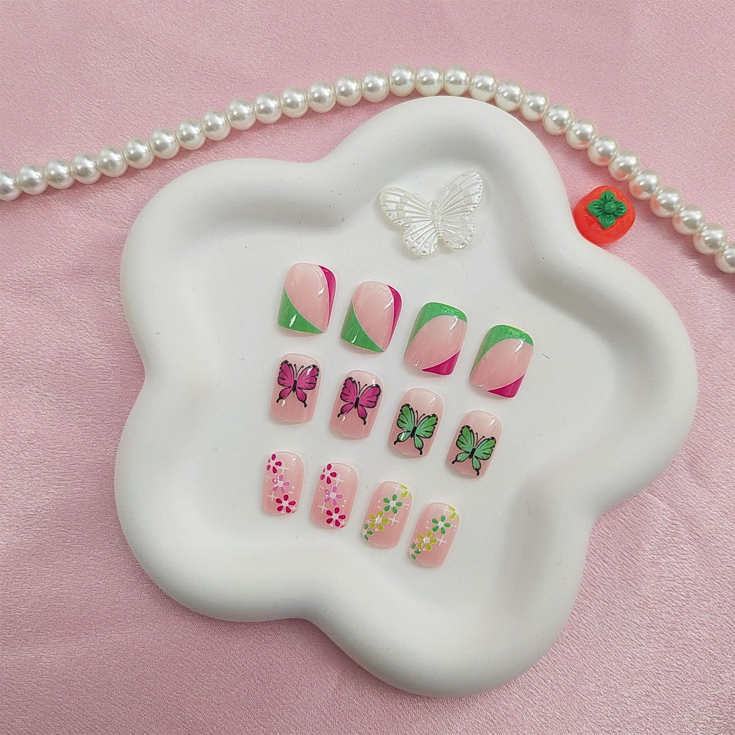 Square Press on Nails Short Fake Nails with Colorful Flower Butterfly Designs Green French Nails Press ons Glossy Glue on Nails Spring Summer False Nails Nude Stick on Nails for Women 24Pcs