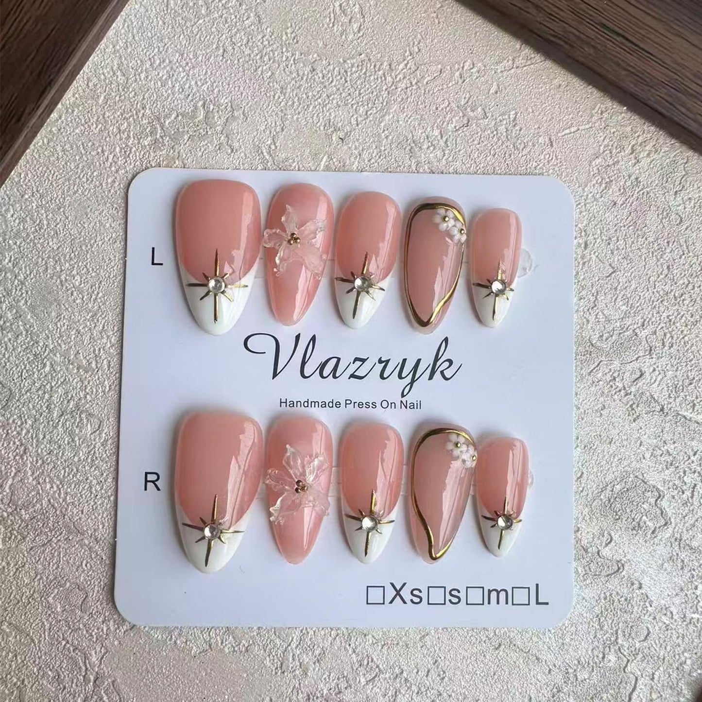 Short Brown French Tip Press On Nails ，3D Metallic Rhinestones style Design Handmade Press On Nails ，Reusable Glam Art Acrylic False Nails S SIZE
