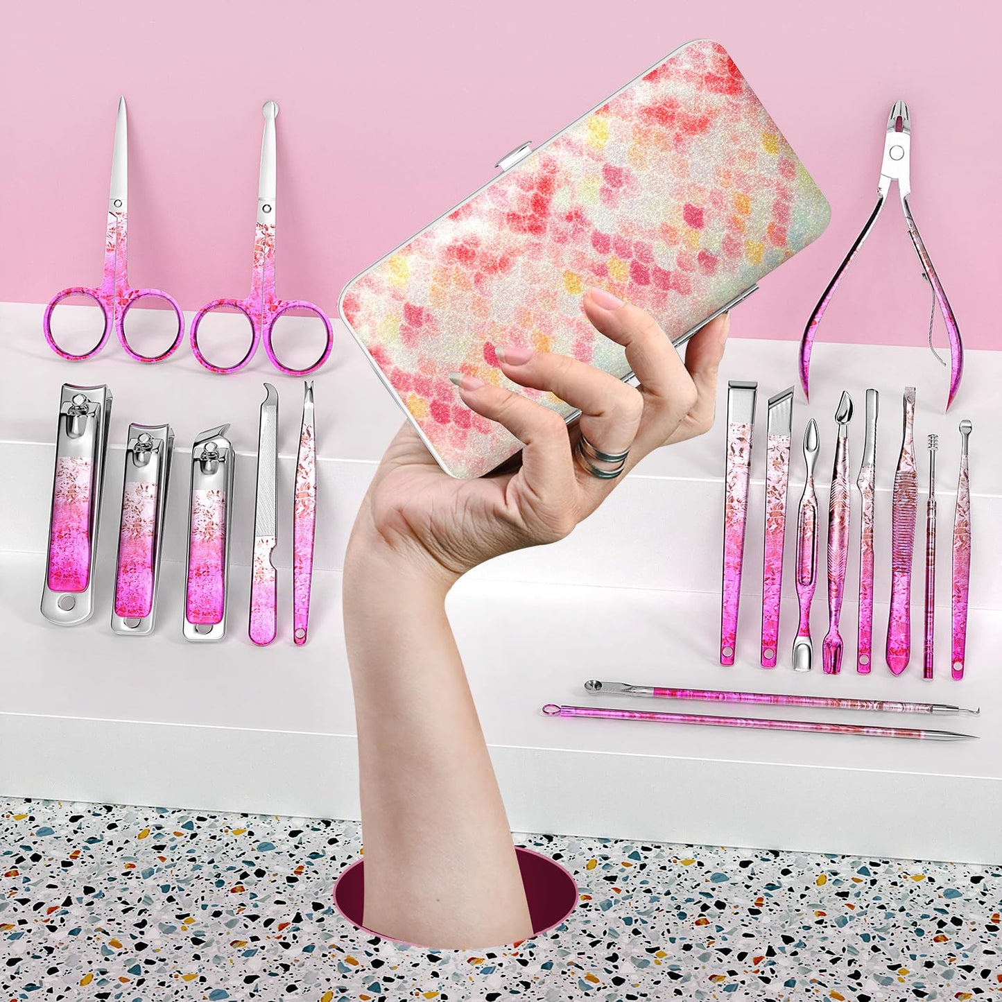 OFIDUS Nail Clippers Set Fingernail and Toenail Clipper Cutters, Professional Manicure Pedicure Kit 18Pcs, Nail Care Grooming Tools with Luxurious Travel Case (Diamond Rose)