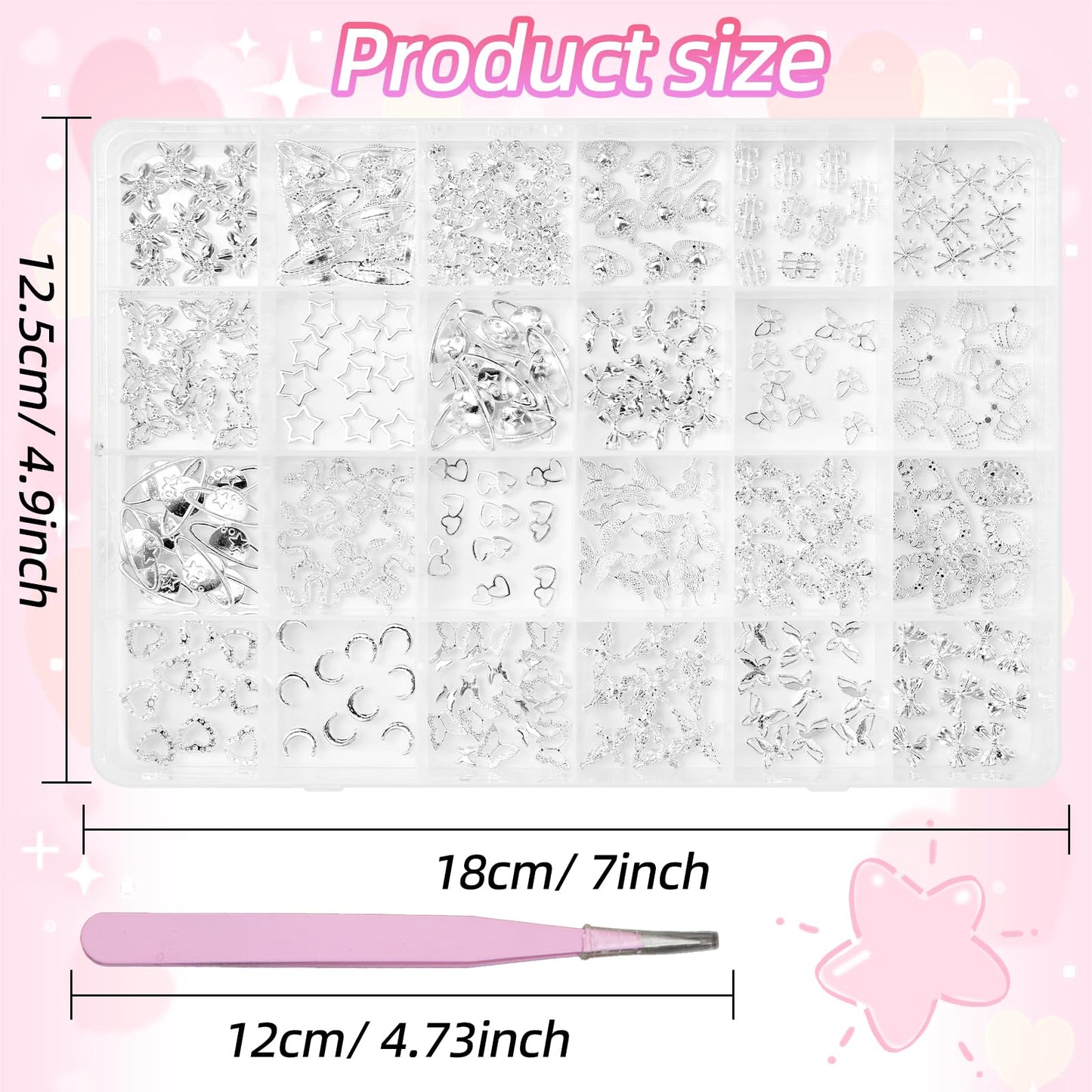 240 Pcs 3D Silver Nail Charms, Alloy Cross Star Crown Bows Nail Silver Charms, Shiny Planet Metal Nails Art Charms Snake Charm for Acrylic Nails DIY Y2K Accessories