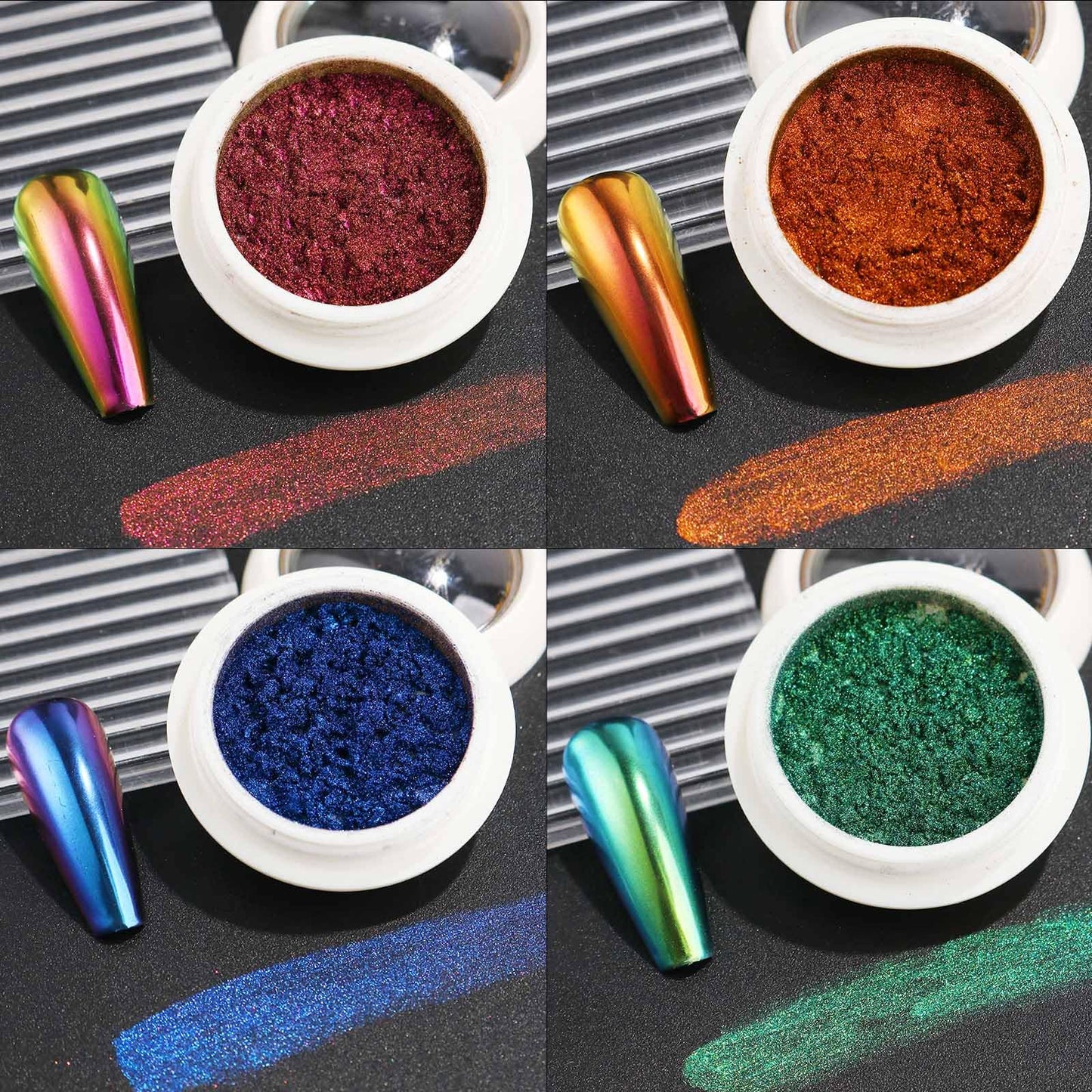 Chameleon Chrome Nail Powder,4pcs Magic Mirror Nail Glitter Pigment with Sponge Metallic Rubbing Dust Y2K Nail Gel Polish Galaxy Effect Salon-Quality Long-Lasting Nail Design