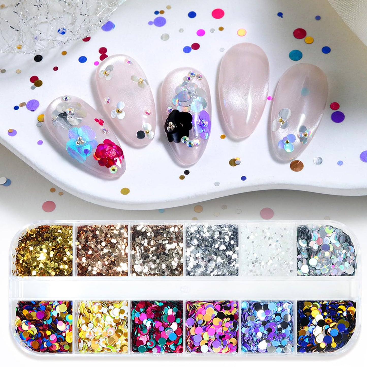 12 Grids Polka Dot Round Sequins Mixed with Colorful Nail Art Glitter Kit - Colorful Round Nail Art Flake Nail Paillette Mixed Rounds Thin Dot Y2K Shiny 3D Nail Stickers for Women DIY Manicure