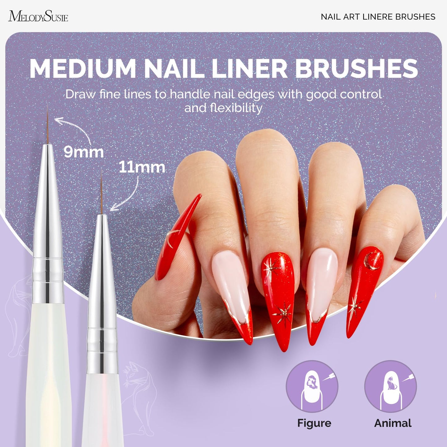 MelodySusie 5Pcs Nail Art Liner Brushes with 3D Nail Charms and Gems