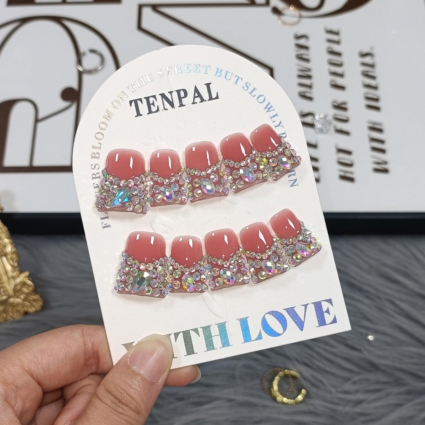 TENPAL 10Pcs Handmade Coffin Nails Kits,DuckBill Press On Nails With Tools,Icy Pink French Tip Fake Nails with Full Crystals Designs,Glitter Edgy Sweet Cool Acrylic Glue on Nails Short for Party(S)