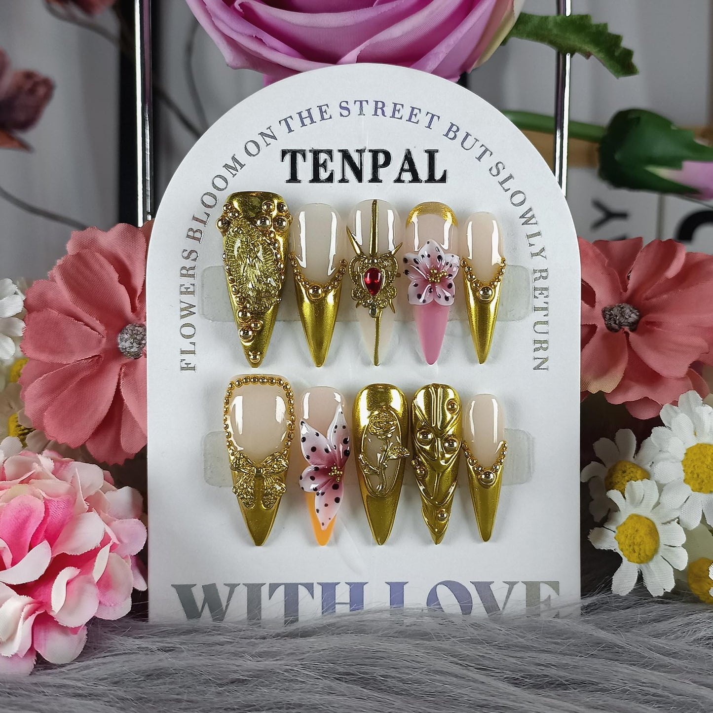 TENPAL Long Stiletto Press on Nails - Gold Baroque with 3D Rose & Saint Charms | Reusable & Icy False Nails | Royal Gala Style for Grand Events(L)