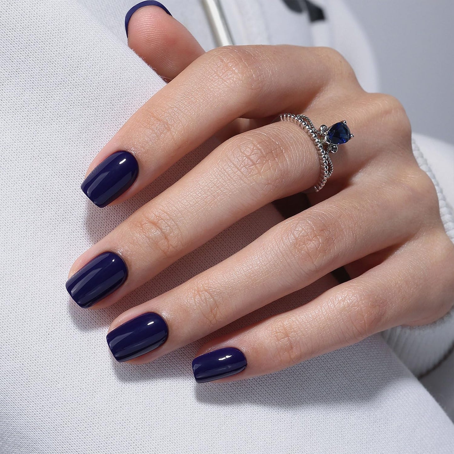 Electric Navy Blue Press On Nails Square - GJZEZ Soft Gel Short Glossy Fake Nail Press Ons with Glue for Women, Natural Opaque Reusable Glue On Nails in 16 Sizes - 32 PCS Stick On Nail, Indigo
