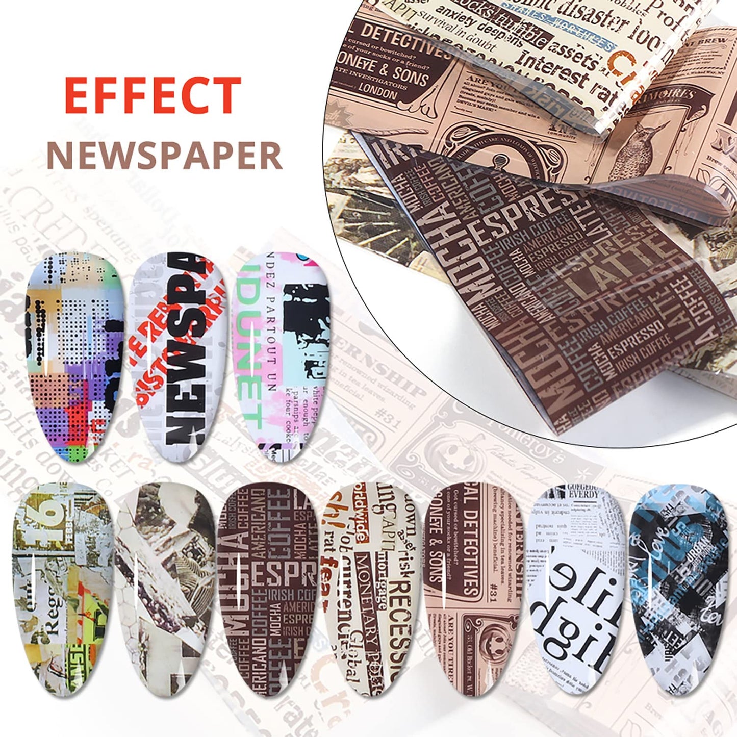 Holographic Nail Foil Transfer Stickers Decals, Funny Nail Polish Sheets, Newspaper Letter Nail Art Designs Acrylic Nails Supplies for Nail Transfer Glue Polish, Women Nail Decal Film Decorations