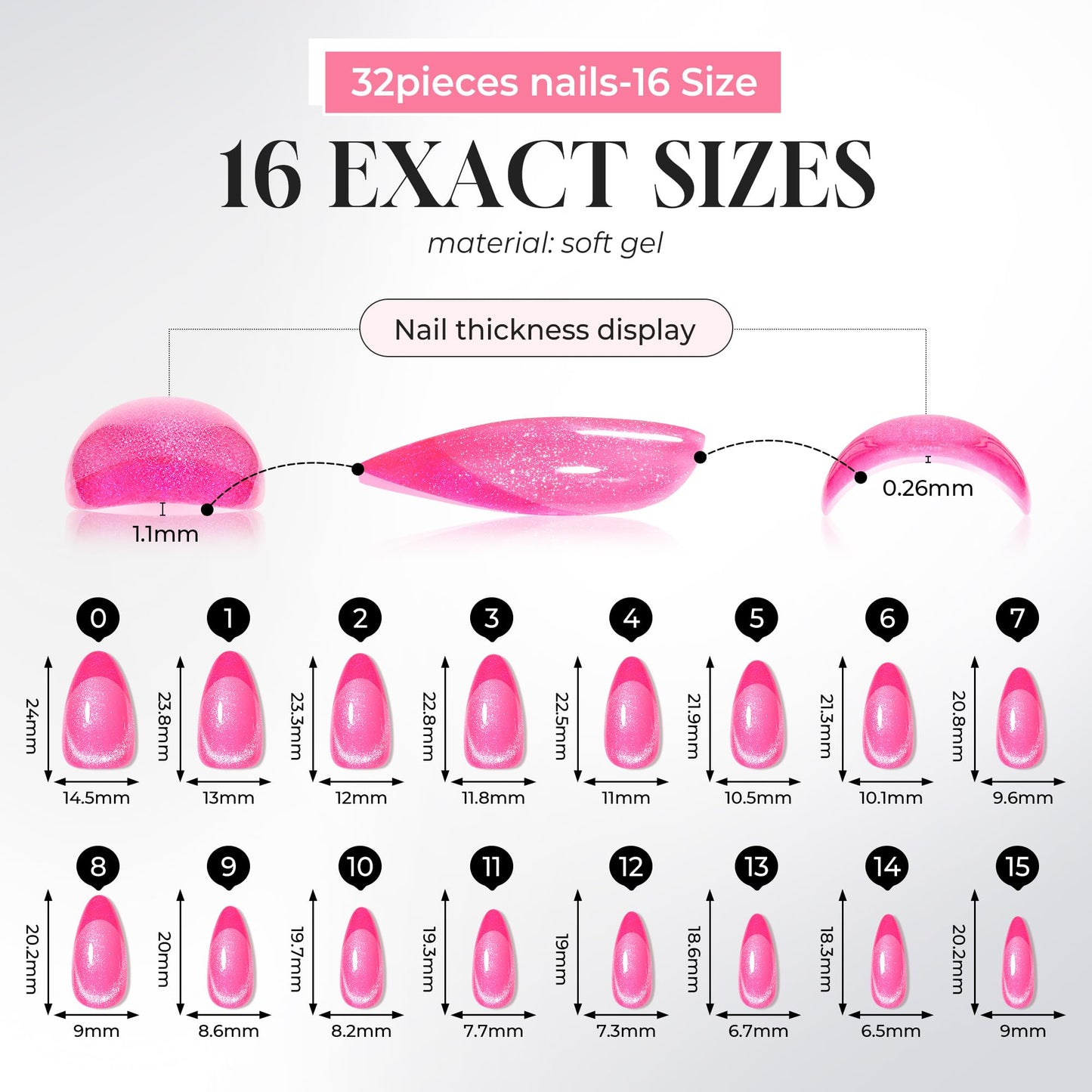 UNA GELLA Hot Pink Press on Nails Almond, Cat Eye Soft Gel Fake Nails for Women, 32 Pcs 16 Sizes Reusable Glue on Nails Kit, False Nails with Nail Glue and Adhesive Tabs
