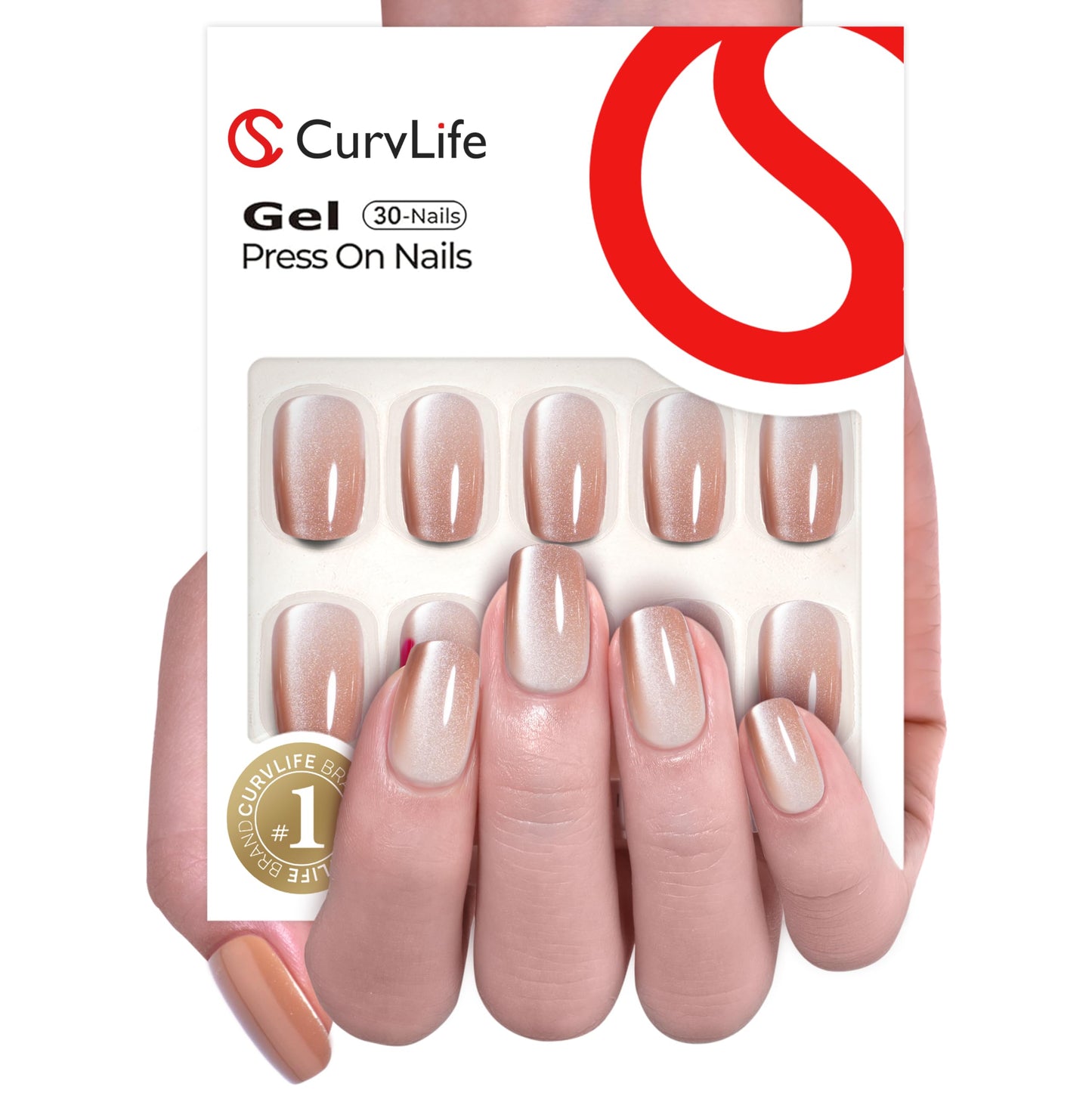 CurvLife Press on Nails Short Quicksand Powder Cat Eye Square Acrylic Fake Nails with Apricot Design Full Cover Glossy Nude Glue on Nails Artificial for Women