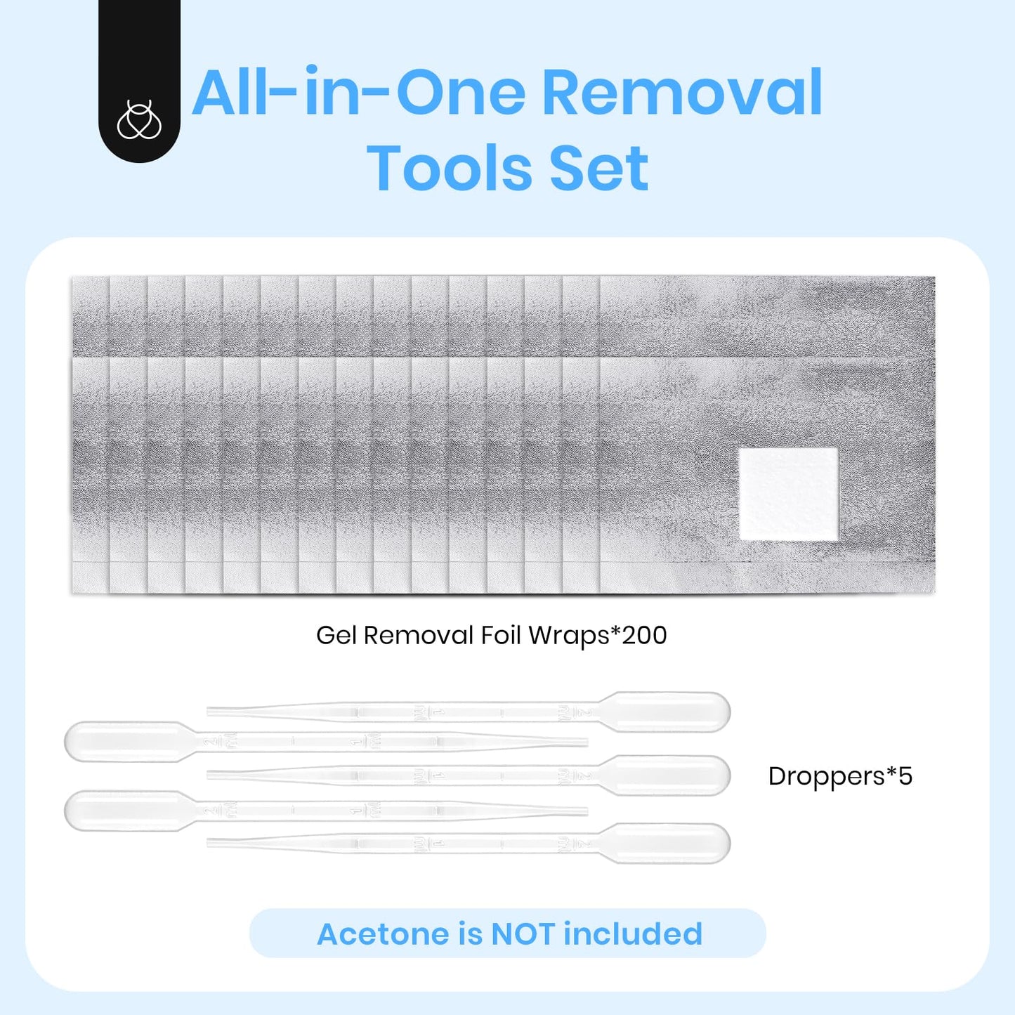 beetles Nail Remover Kit - 200Pcs Nail Soak Off Foil Wraps Gel Nail Polish Remover Tools Larger and Thicker Pre-attached Cotton Pad with Droppers, Easy Manicure Removal for Women Girls