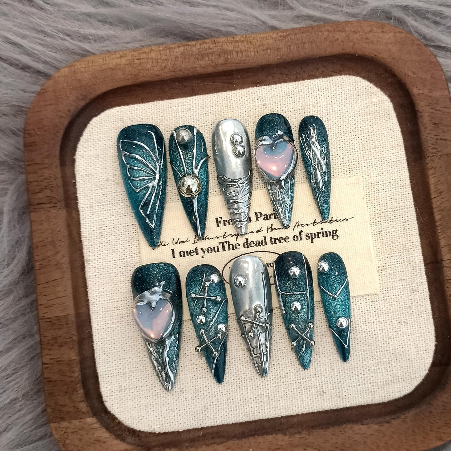 TENPAL Handmade Press on Nails Long Stiletto,Galaxy Ombre Blue-Black Fake Nails with 3D Butterflies Cross Beads Gem Stones,Edgy Y2K Metal Embossed Meteor Glitter Design Salon False Nail Kit 10pcs(M)