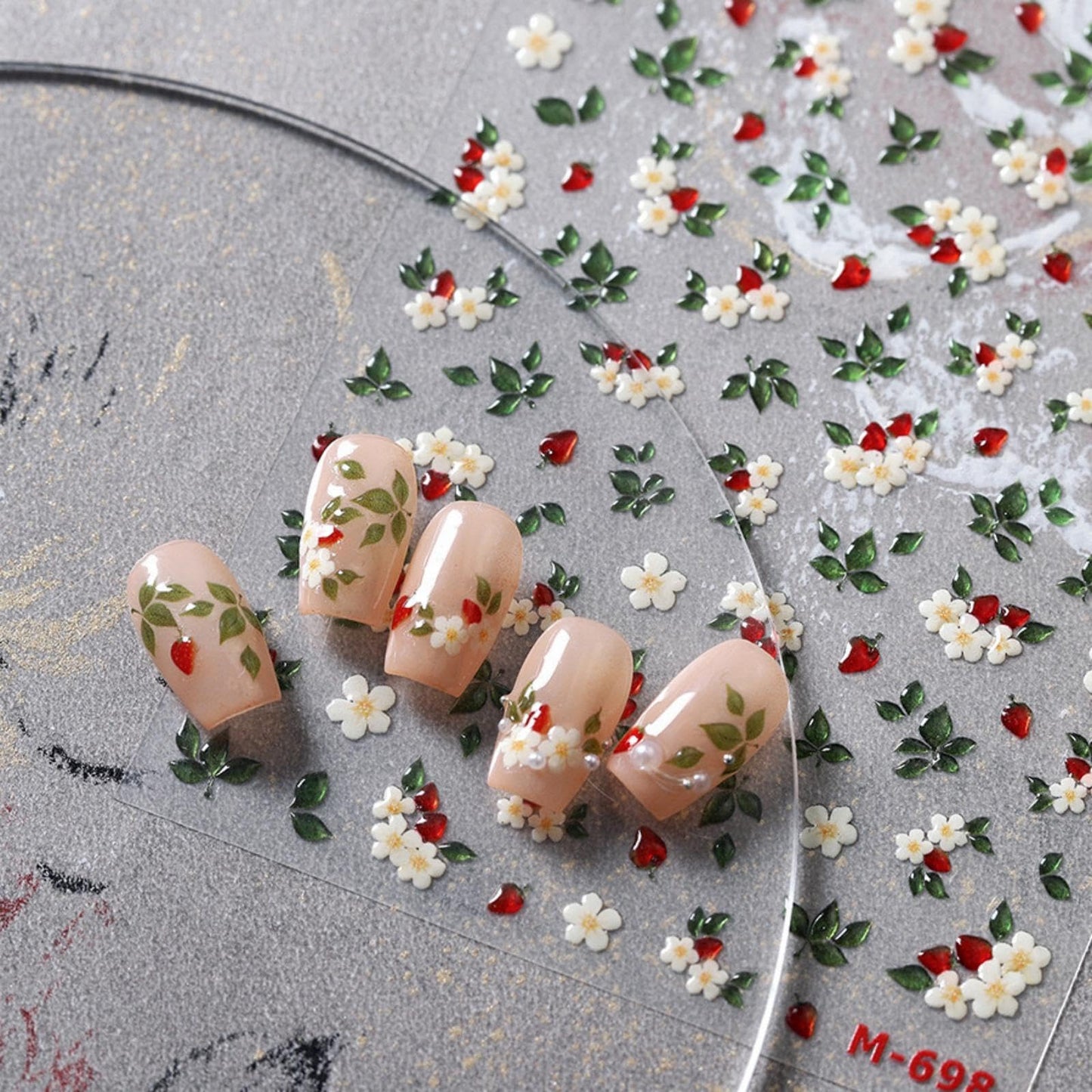 5D Embossed Flower Nail Art Stickers Green Leaf Nail Stickers with Red Pepper Self-Adhesive Flower Nail Decals for Women Girls Spring Summer Manicure DIY Nail Supplies