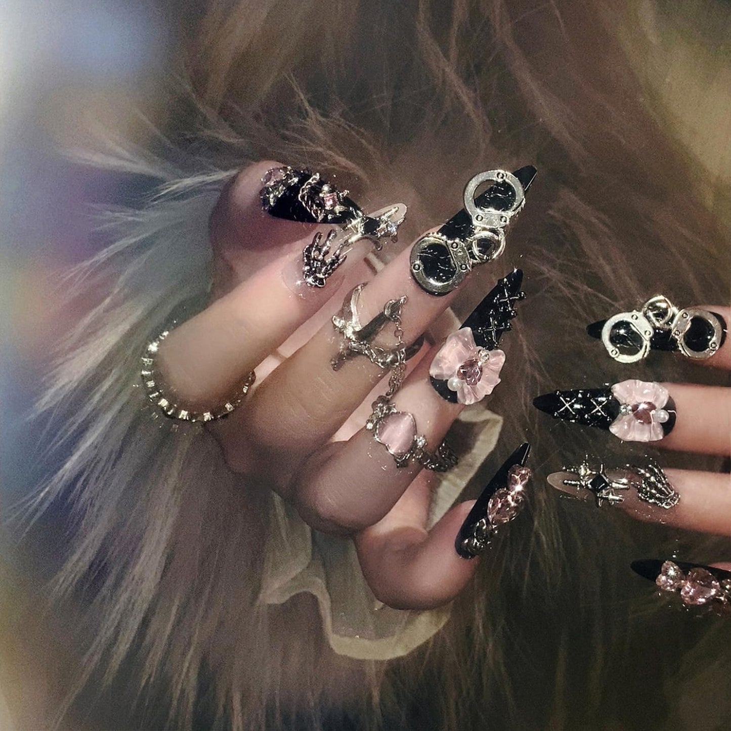 SINHOT Stiletto Press on Nails - Long Fake Nails, Glossy Finish, Y2K Charms & Goth Black, DIY Artificial False Nail Art - 24 Pcs Nail Kit with Glue