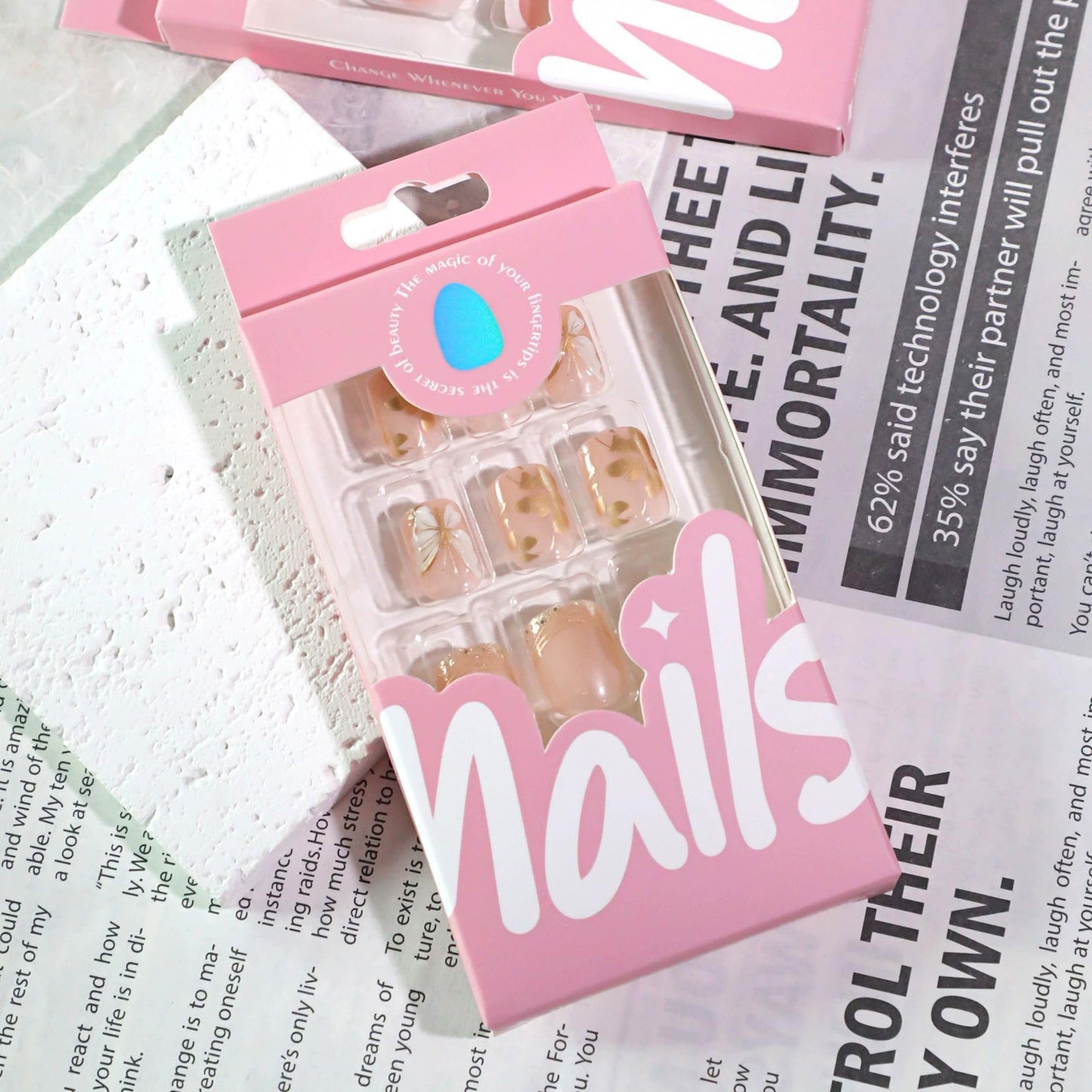 Short Square Press on Nails Gold Fake Nails Butterfly False Nails with Design Glossy Short Nail Press ons Full Cover Acrylic Nails for Women 24Pcs