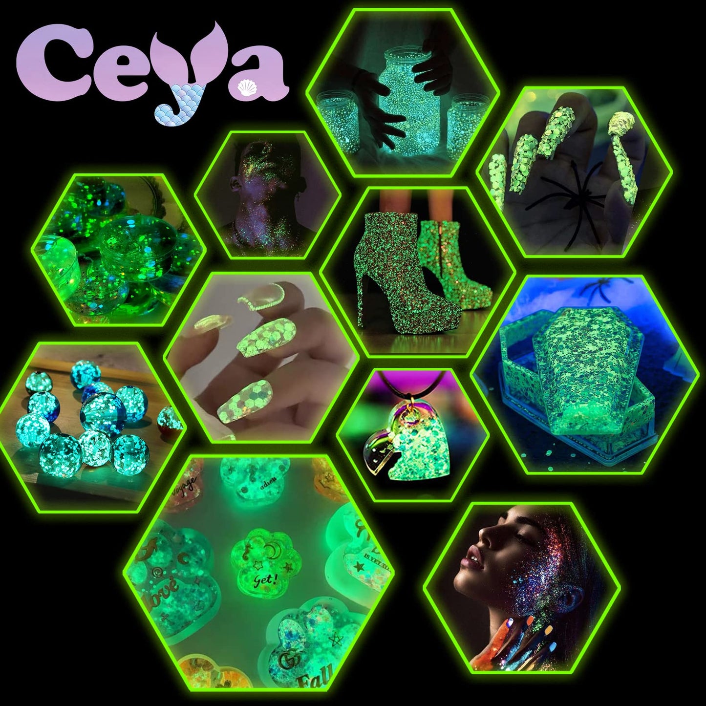 Ceya Glow in The Dark Glitter, 2.8oz/ 80g White Luminous Chunky Glitter Mix Fine Powder Flakes Fluorescent Nail Sequins for Epoxy Resin, Tumblers, Halloween Party, Festival Decor