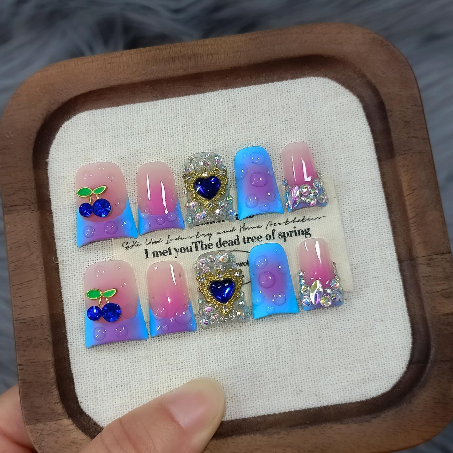 TENPAL Handmade French Tips Press on Duck Nails Kits - Icy Blue Purple Ombre Duckbill Nails with 3D Cherry Design, Acrylic Glossy Y2K False Nails for Women Girls Daily Parties(L)