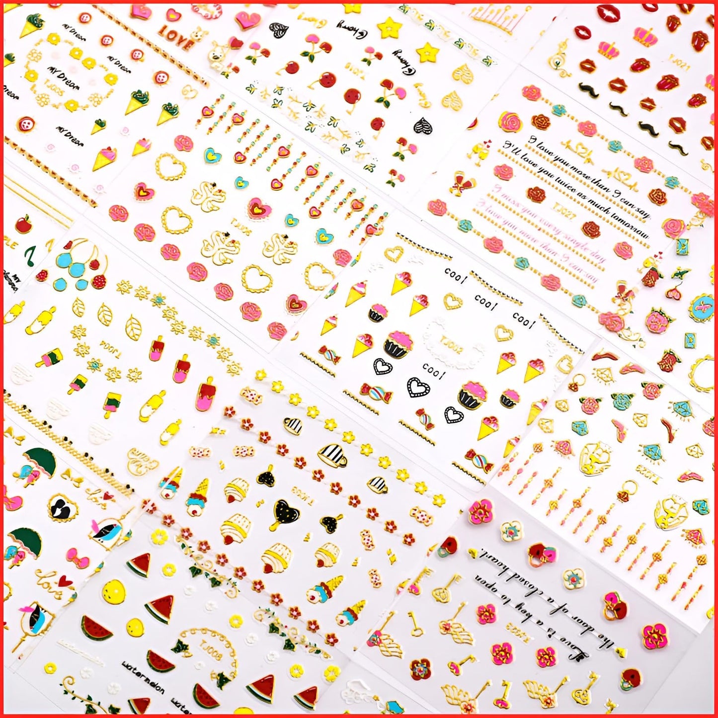 30 Sheets Valentine's Day Nail Art Stickers Red Heart Nail Decals 3D Self-Adhesive Rose Lip Kiss Nail Supplies DIY Acrylic Nails Decoration Accessories for Women and Girls