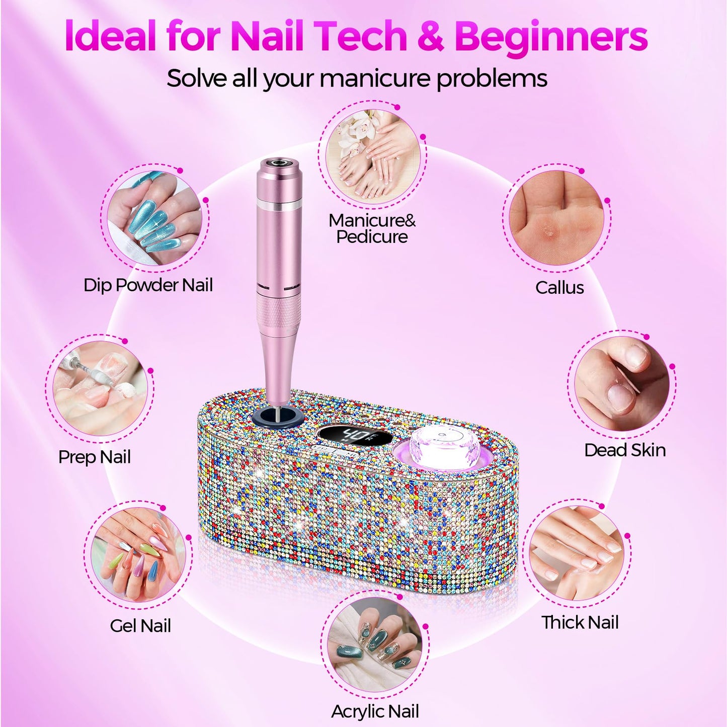 Nail Drill Electric File: DEDNMSCA Sparkly Professional Nail Drill Kit, 40000RPM E-File Machine with 12 Drill Bit for Acrylic Nail Remove Nail Gel Polish Manicure for Salon Home, Colorful Diamond Lamp