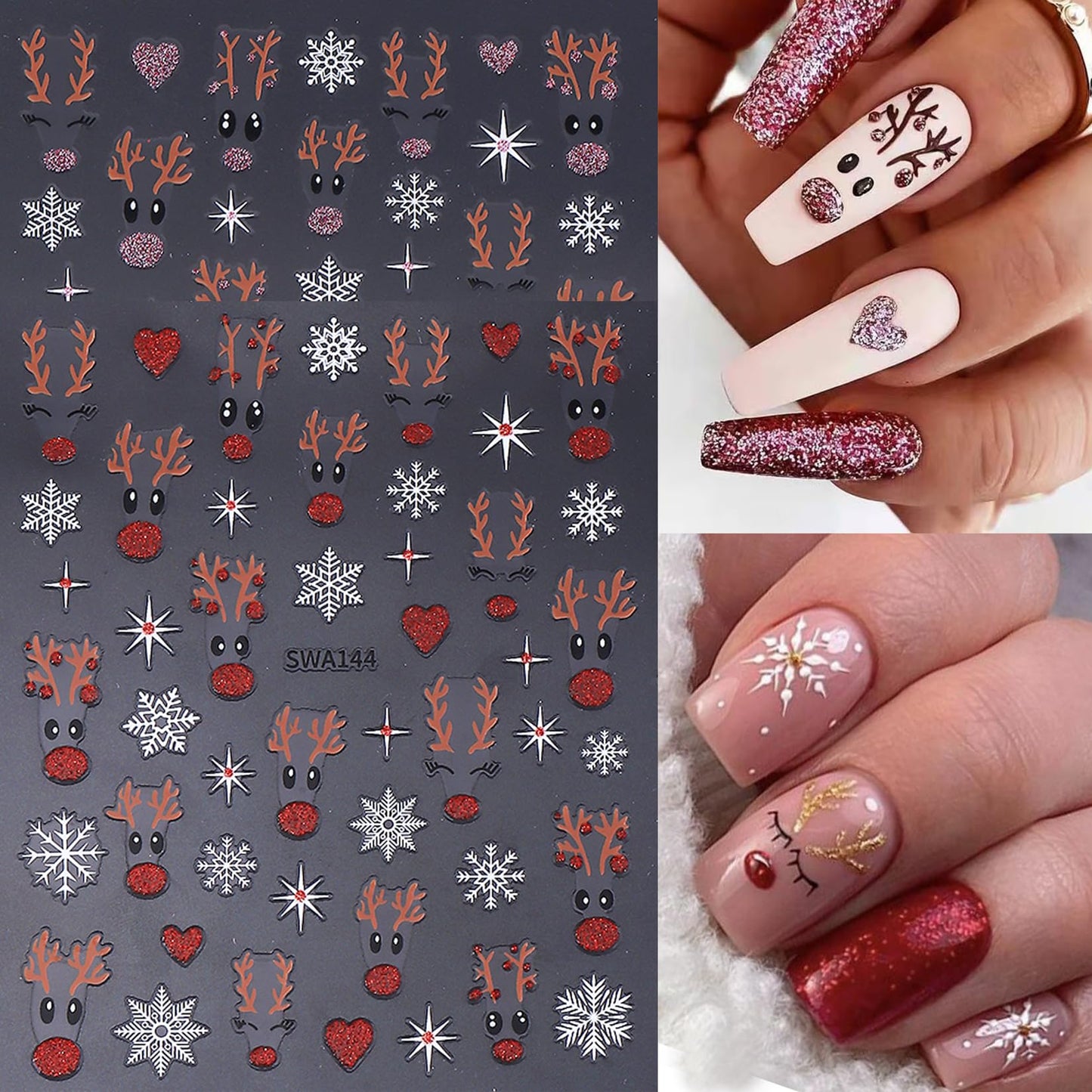 Christmas Holiday Nail Art Stickers 16PCS 3D Santa Claus Deer Decals for Nail Art Seasonal Fingernail Designs White Snowflake Gingerbread Man Self-Adhesive Manicure Decorations Accessories for Women