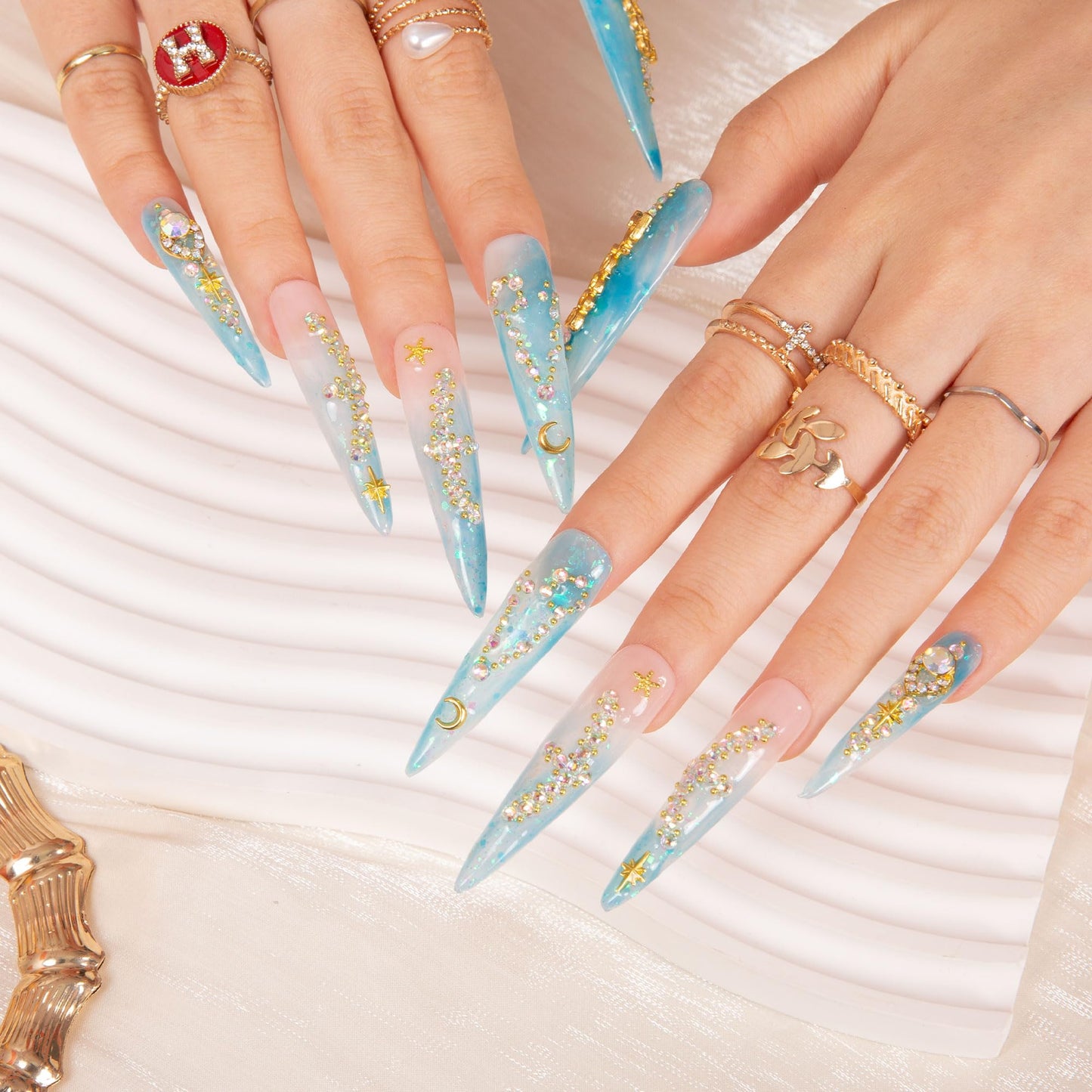 LOVFUL Press on Nails Pisces Blue French Tip | Handmade with Full Covered Crystals | Reusable Full Cover Nails | Stiletto Long 2.2 in | H157-S