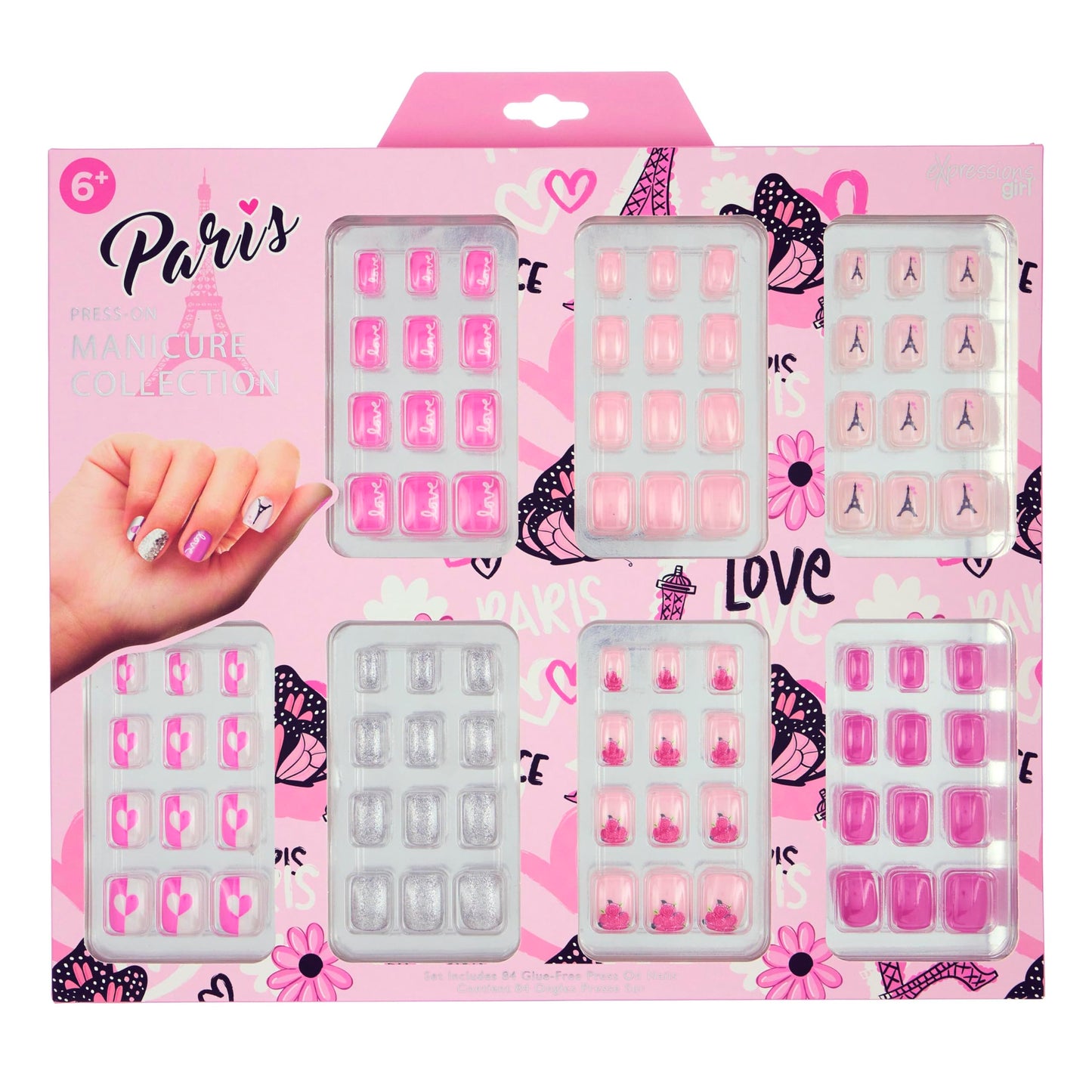 7 Day Manicure Collection - 84PC Press On Nail Set, Day-Of-The-Week Adhesive False Nails for Girls (PARIS LOVE Collection) – Colorful Novelty Designs Stick On Nails For Kids