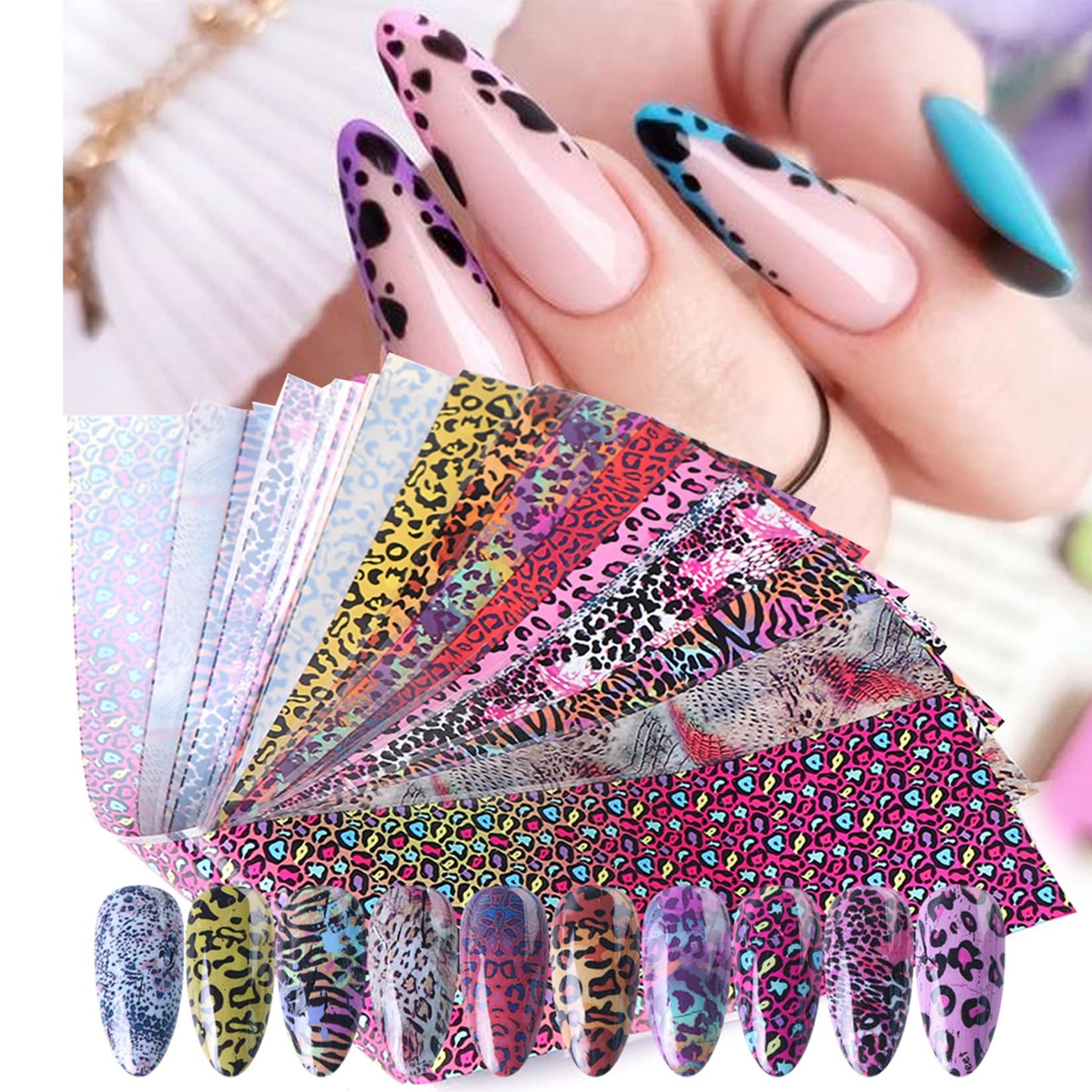 Leopard Transfer Foils for Nails 50 PCS Animal Skin Nail Art Foil Stickers for Women DIY Fingernails Winter Cheetah Snake Print Starry Paper Manicure Decor Accessories for Acrylic Supplies