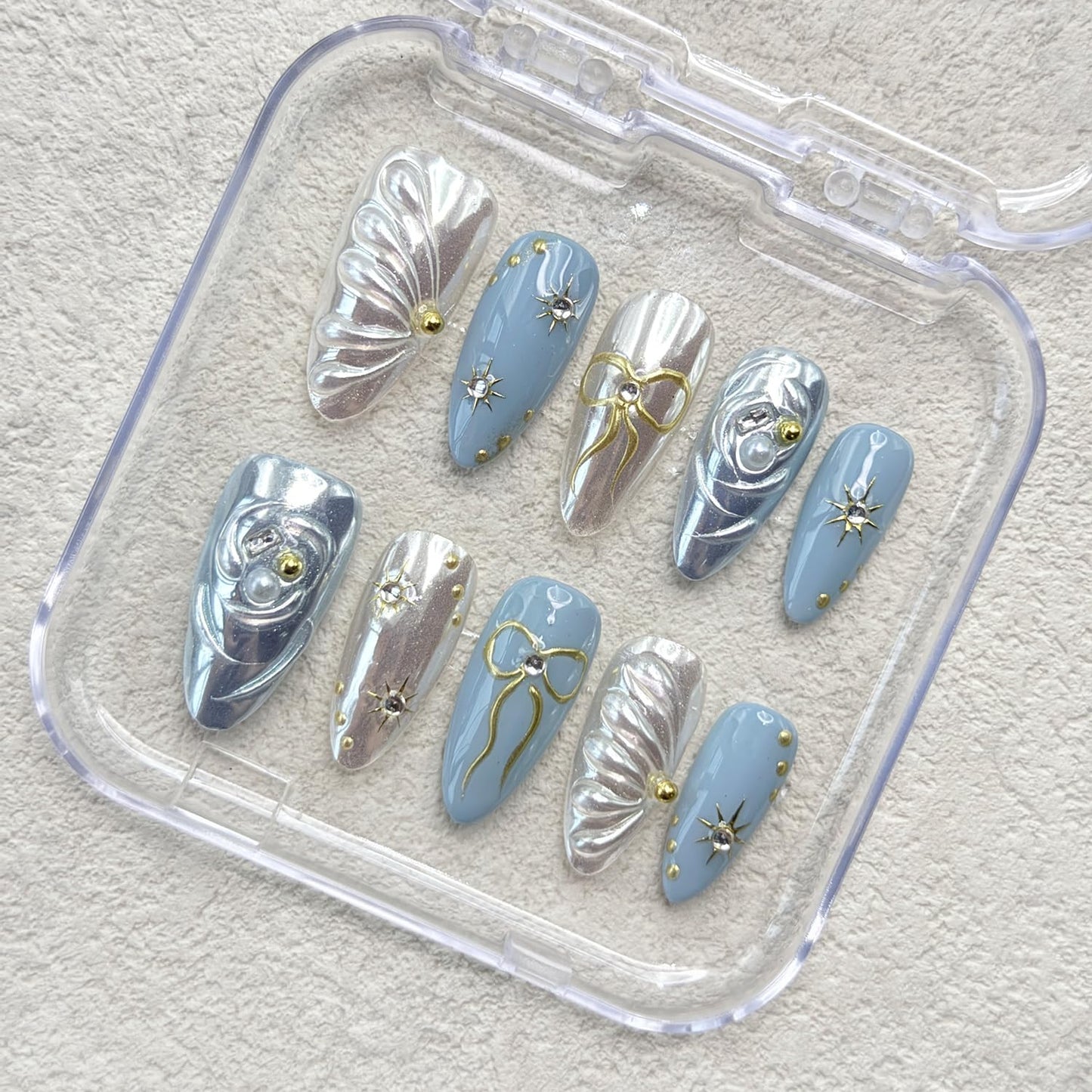 Handmade Press on Nails Medium Almond Fake Nails withGlue,Luxury Rhinestone & 5D Bow Blue Press ons Muti-LayerGel Handmade False Nails for Women (Size M)