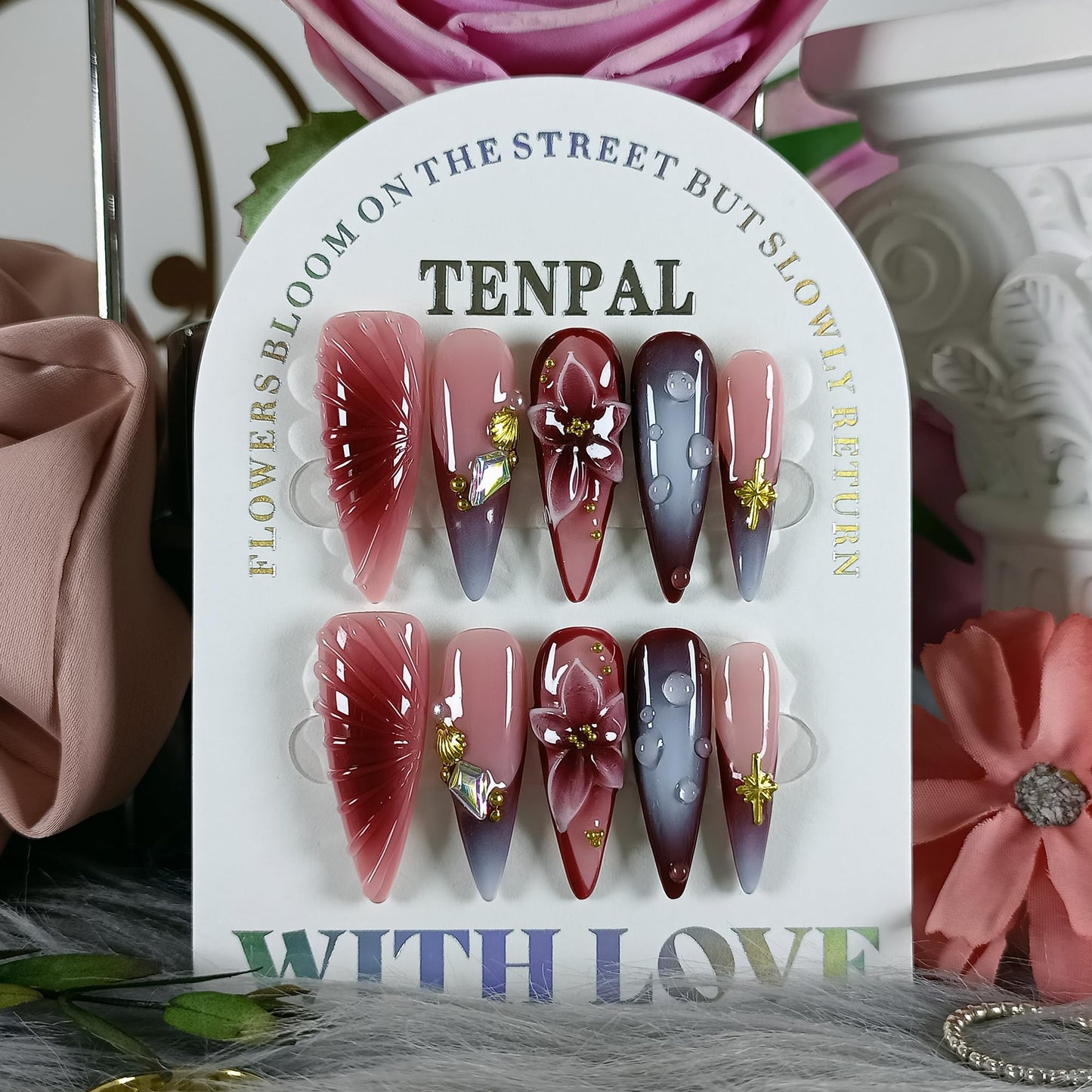 TENPAL Stiletto Press on Nails - Wine Brown Blushing French Fake Nails with 3D Floral Teardrop Design,Glossy False Nails with Tools,Handmade Glamorous Winter Style Glue on Nails for Women Girls(M)