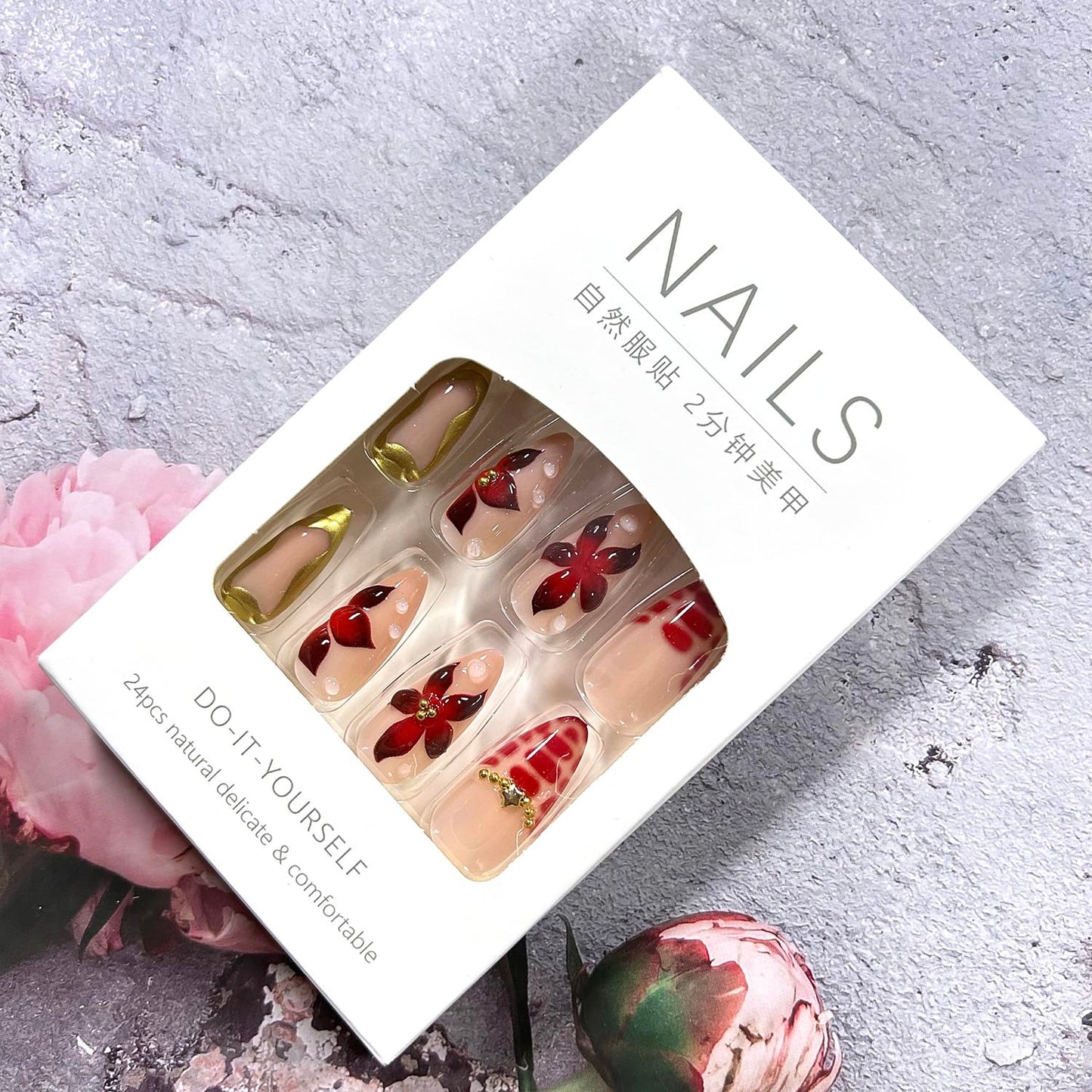 CJDLTS 24Pcs 3D Flower Fake Nail Medium Almond Gold Stars Rhinestones Lines Design Stick on Nails Full Cover Reusable Coffin Press on Nails Artificial Acrylic Fingernails for Women Manicure
