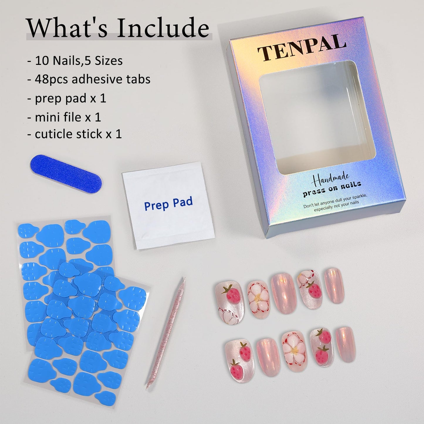 TENPAL Press on Nails 10Pcs with Tools Kit,3D Strawberry Spring Summer Pink Aurora Fake Nails,Cute Floral Almond Short Nails,Full Cover False Nails Simple Blush Glue on Nails Sweet Summer Nails(XS)