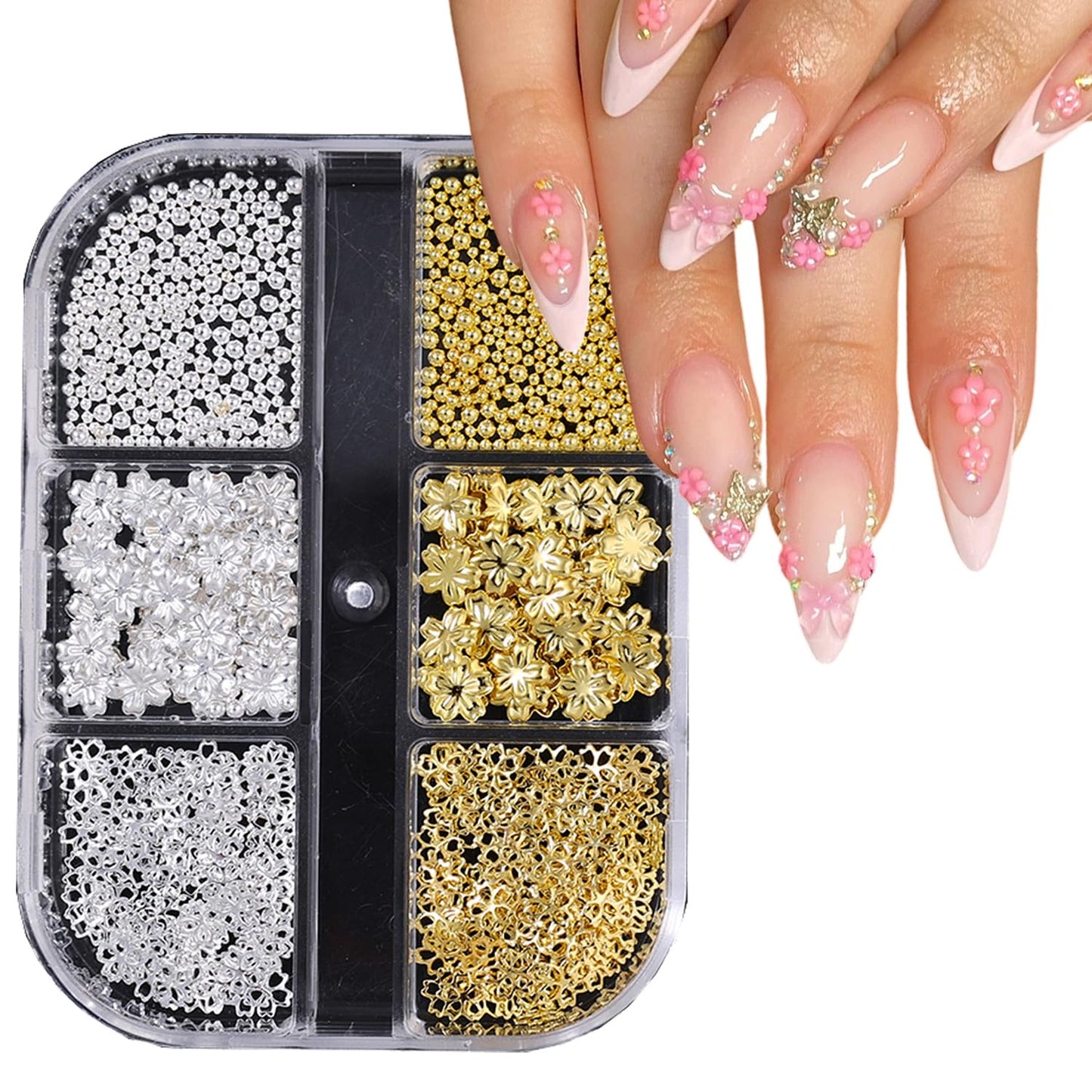 CJDLTS 6 Grids Flowers Nail Decoration, Gold Silver 3D Flower Nail Art Decorations, Metal Cherry Flower Studs with Beads Hollow Flowers Sequins for Women Acrylic Nails DIY Manicure