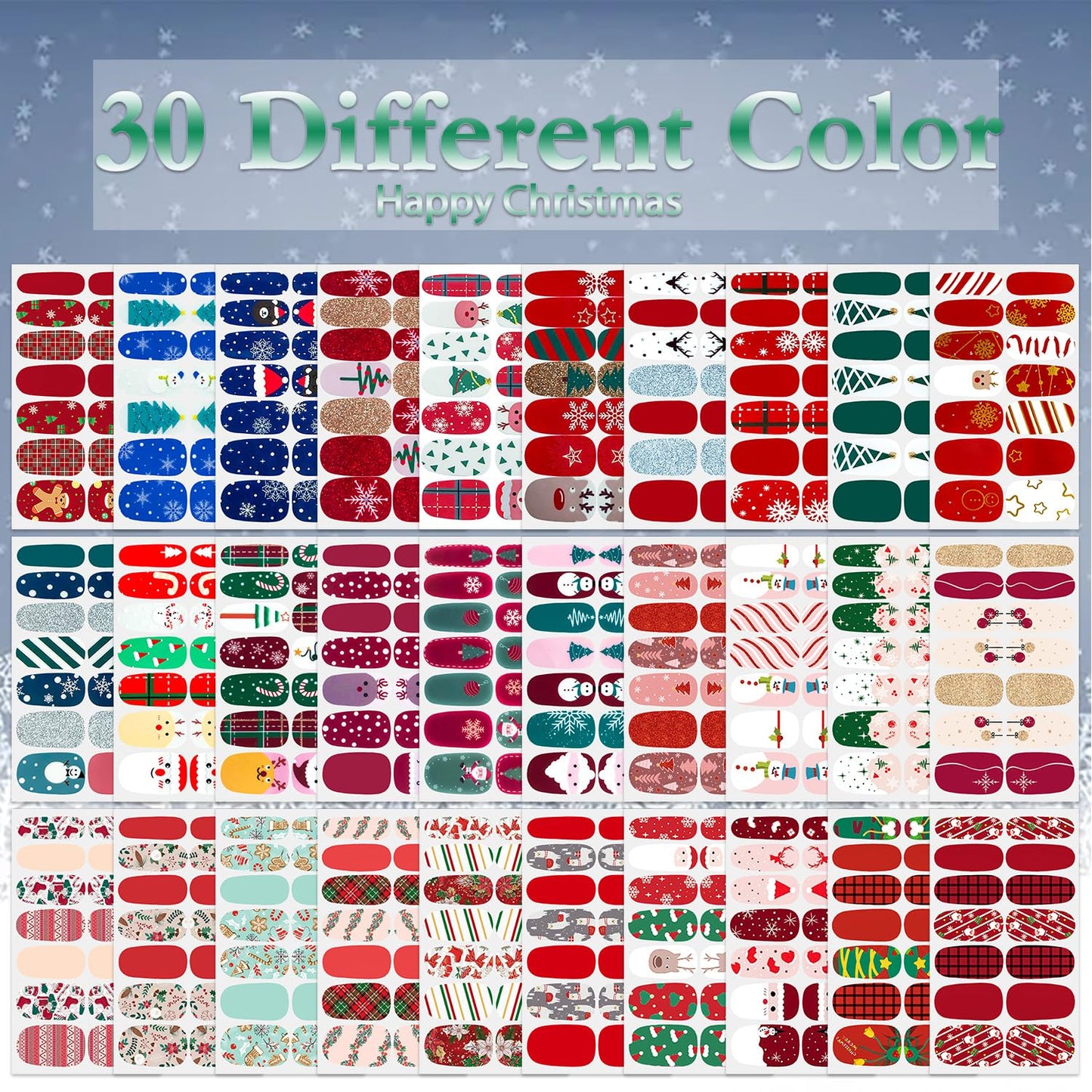 SILPECWEE 30 Sheets Christmas Nail Polish Strips Nail Stickers Full Nail Wraps Self-Adhesive Nail Polish Stickers Decals for Women Gel Nail Strips with Nail File (Chic Style)