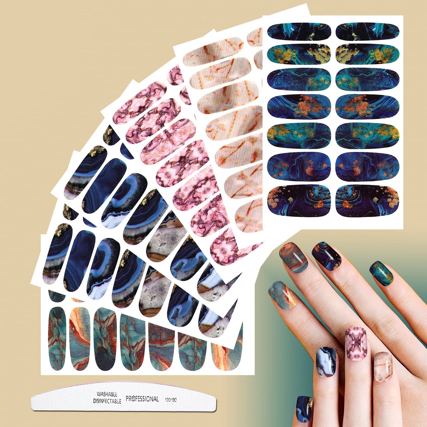 JERCLITY 20 Sheets Candy Color Marbling Nail Polish Strips Stickers with Nail File Self-Adhesive Marbling Nail Stickers Full Nail Wraps for Women Nail Strips Manicure Kit for DIY Nail Art