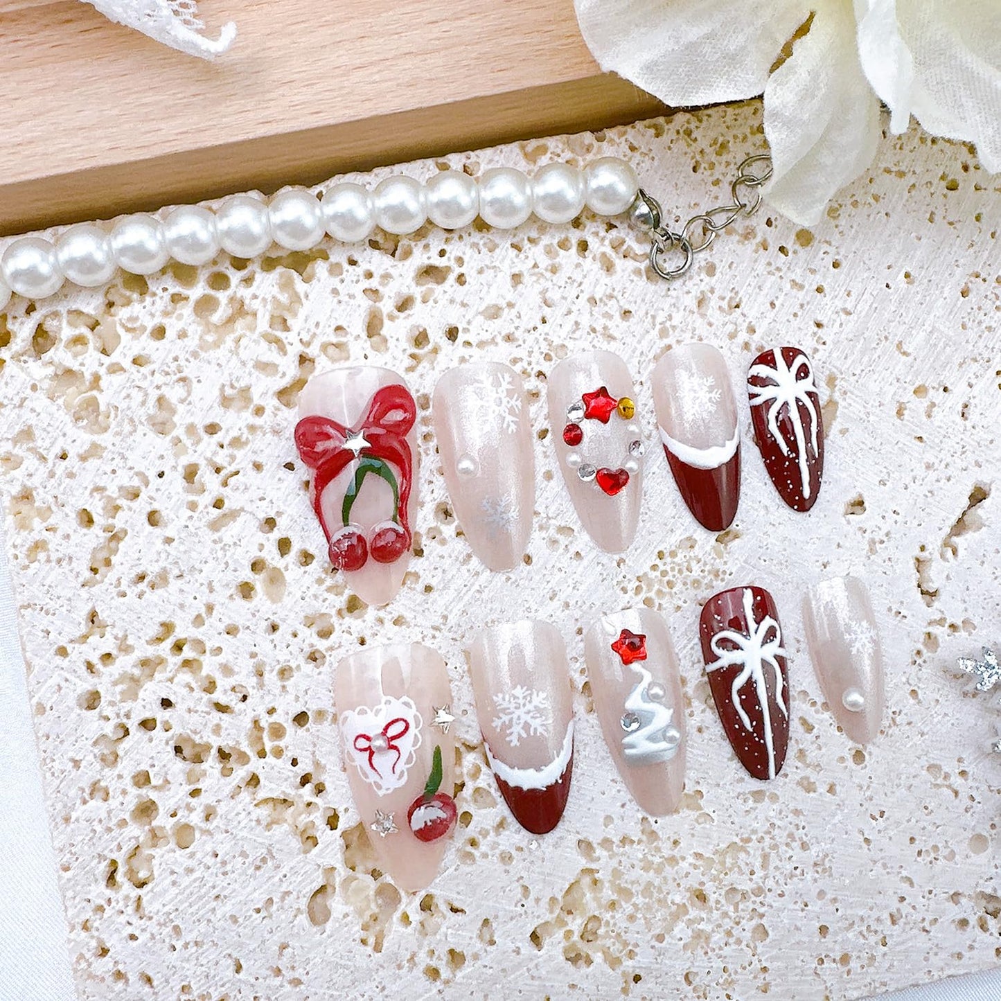 24Pcs Christmas Press on Nails Medium Almond Red French Tip Fake Nails with Star Heart Rhinestones 3D Cherry Bow False Nail Winter Snowflake Acrylic Nail New Year Full Cover Glue on Nails for Women