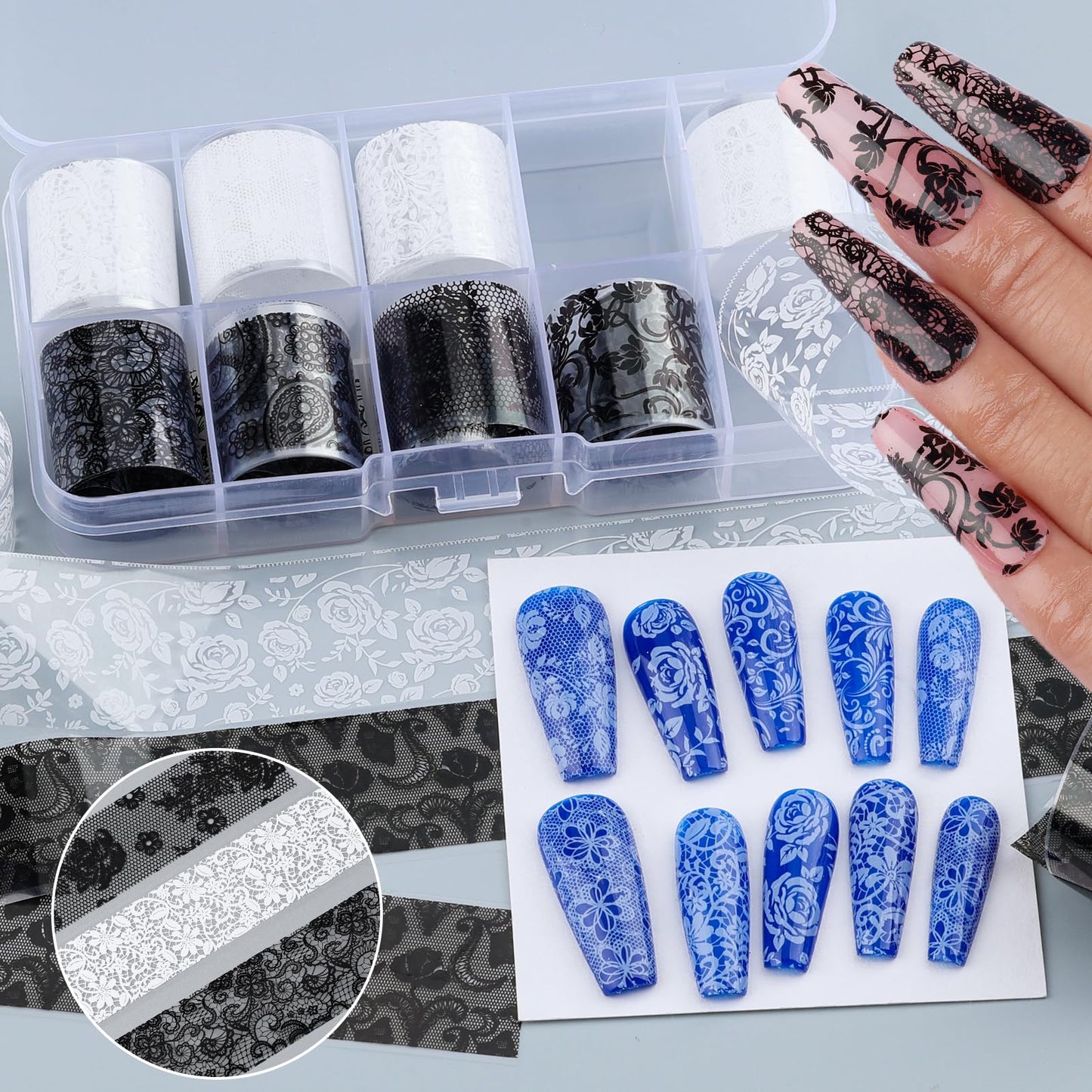 Lace Nail Foil Transfer Sheets, 10 Rolls Black White Flower Nail Art Transfer Foils Decals, Holographic Nail Foils Transfer DIY Nail Stickers for Acrylic Nails, Gel Nails and Manicure Decorations