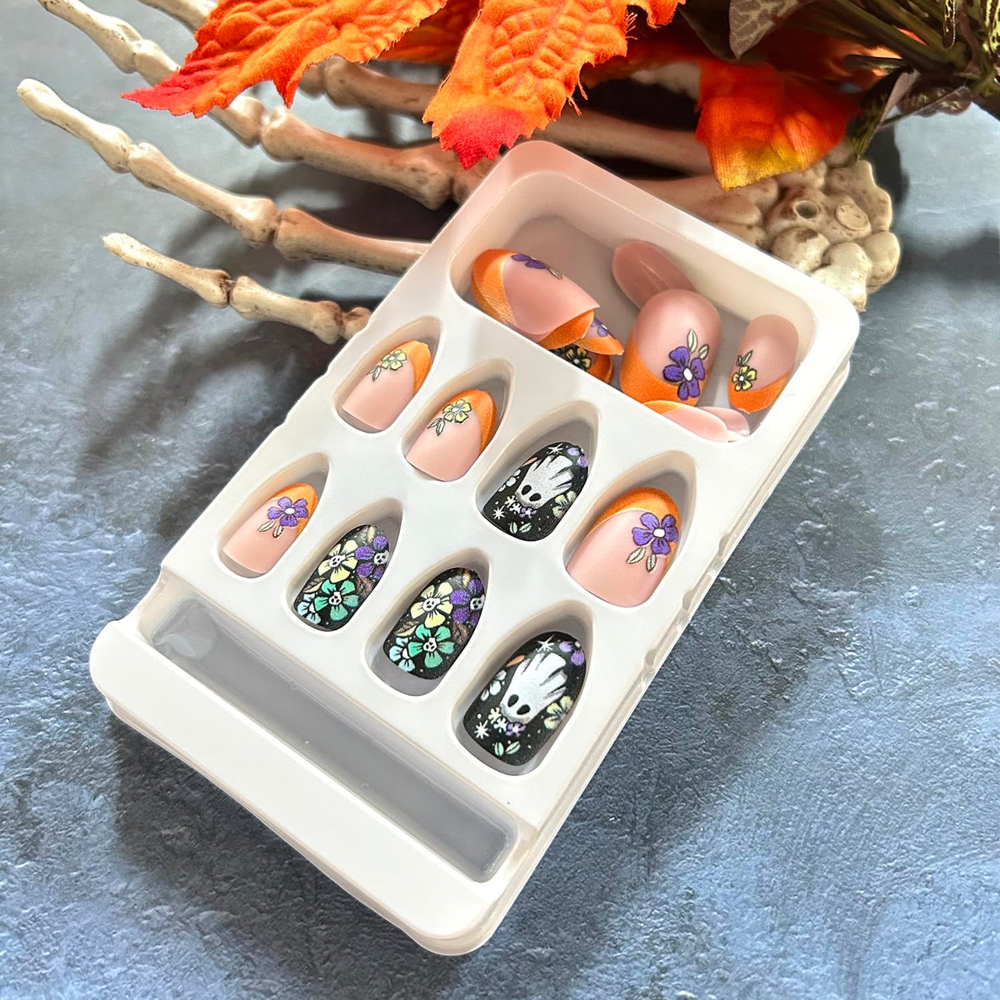 Halloween Flower Skull Press on Nails Medium Oval Ghost Colorful Skull Floral Pattern Design Halloween Nail Full Cover Artificial Acrylic False Nail Orange French Festival Stick on Nails for Women