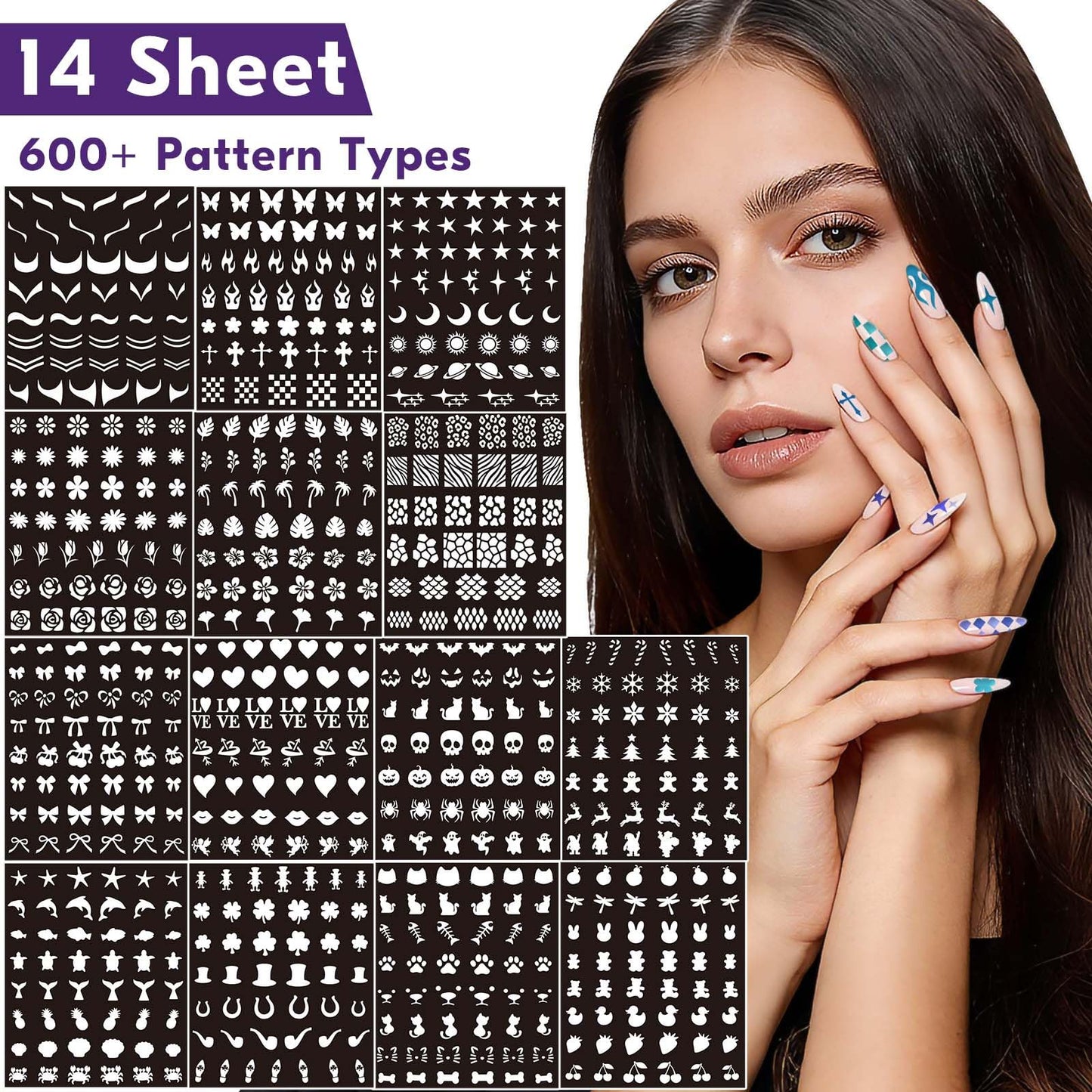 Nail Art Acrylic Marker Pens Stencils Set, 24 Dual Tip Markers + 14 Nail Stencils Heart Lips Flowers Butterfly Nail Stickers for Women Girl, Quick-Dry Nail Art Dotting Pen, DIY Nails Art Design Tools