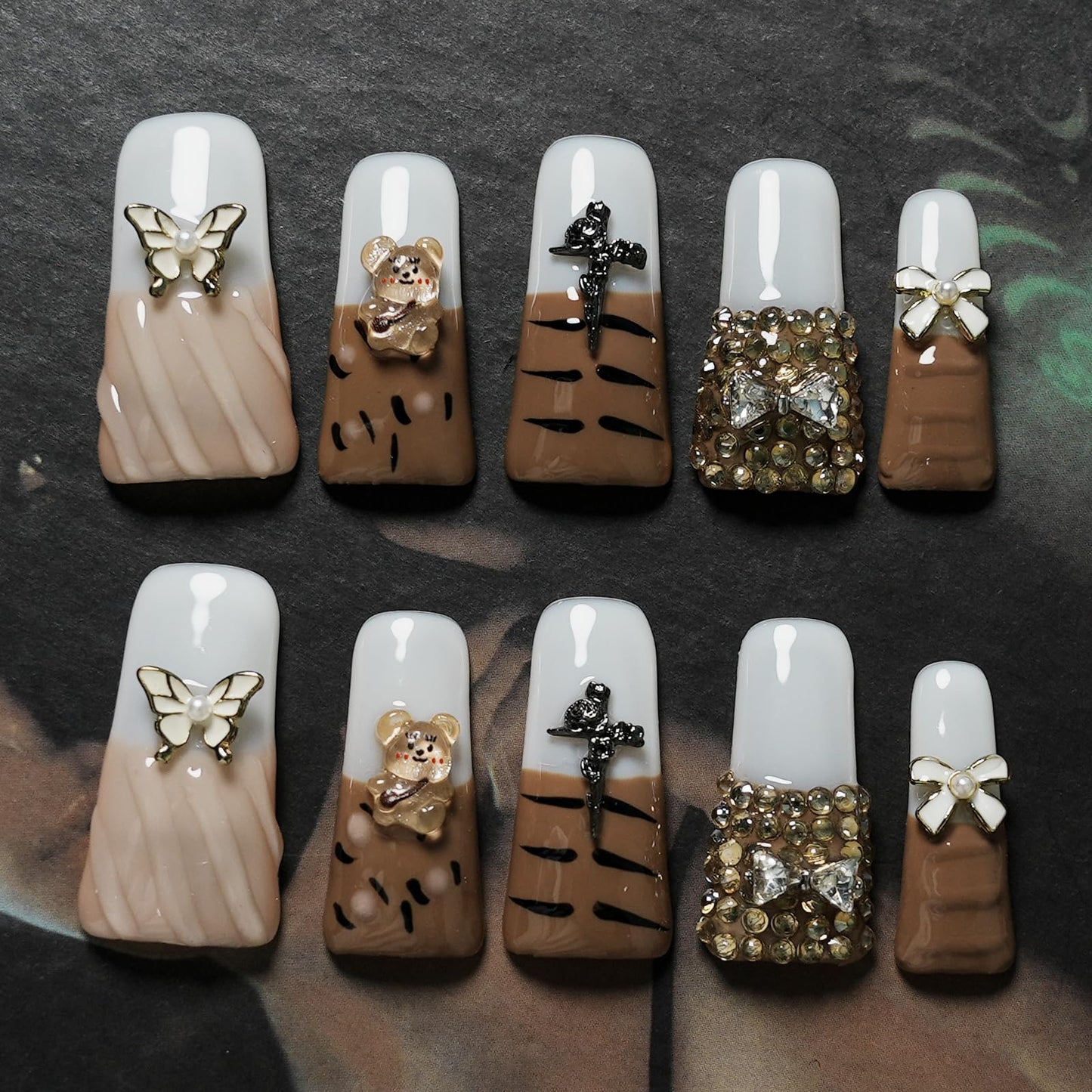 Tesytto Press On Nails Long Duck, Handmade French Tip Fake Nails with 3D Butterfly, Bear, Tiger Stripe, Rhinestone Bow & Rose Cross Charms, Sweet Edgy Acrylic Nails (Diamond Tiger Pattern, M)