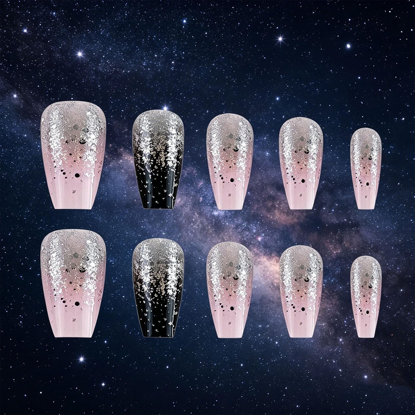 Black French Tips Press on Nails Medium Coffin Fake Nails Glossy Pink Ombre False Nail Silver Sparkle Reusable Glue on Artificial Fingernails for Women Party Style