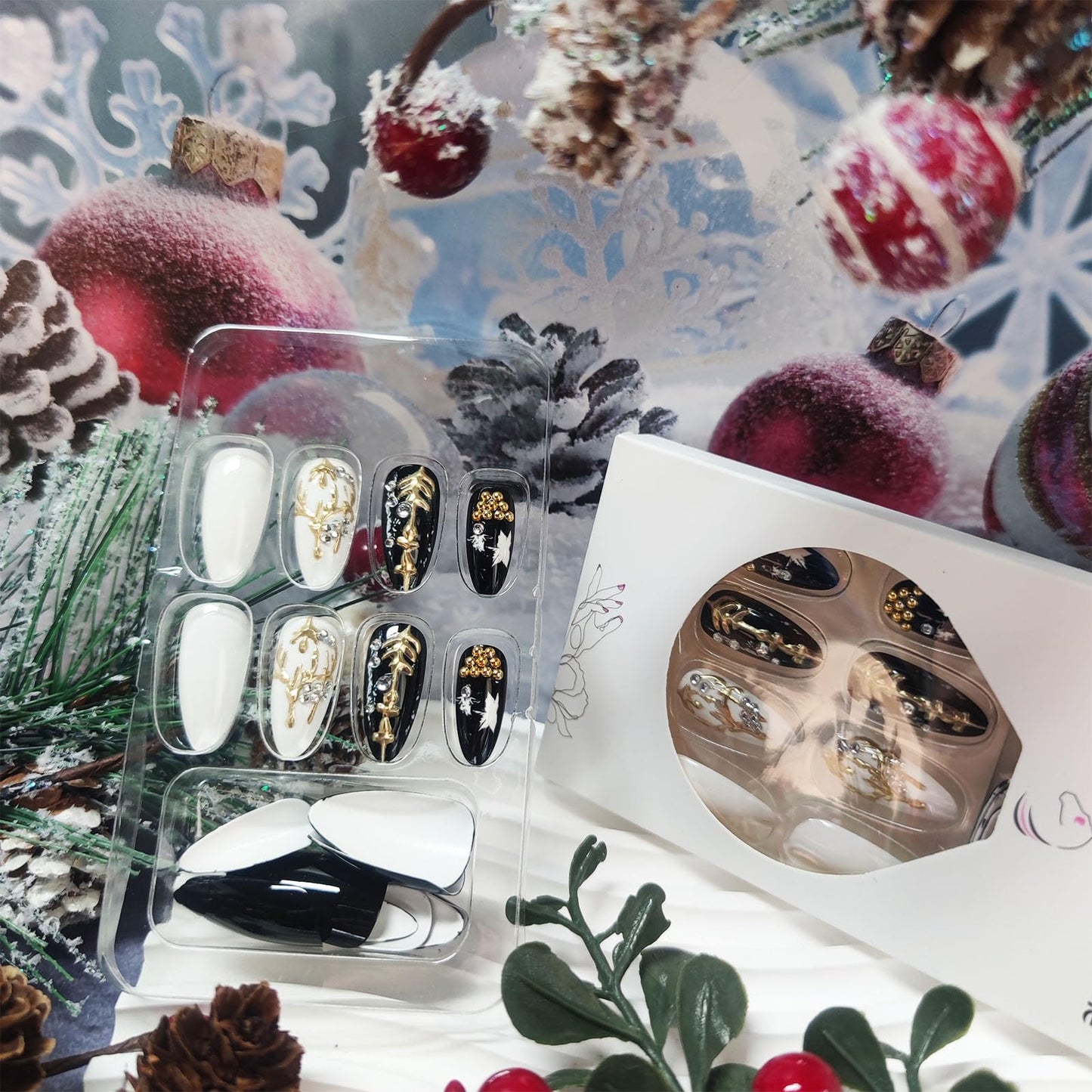 3D Elk Medium Almond False Nails Xmas Bell Stick on Fingernails Christmas Press on Nails Glossy White Snowflake Acrylic Fake Nail 24Pcs Rhinestones Gel Glue on Nail for Women Xmas Gift